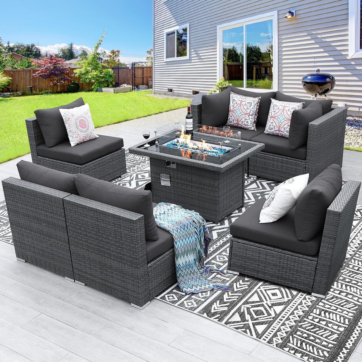 BULEXYARD 7 Piece High Back Outdoor Furniture Set with Fire Pit, Contemporary All Weather Wicker Patio Couch Sofa Set, Extra Large Modular 6-Seater Sectional Backyard Seating Wide Deep for Lawn, Grey BULEXYARD
