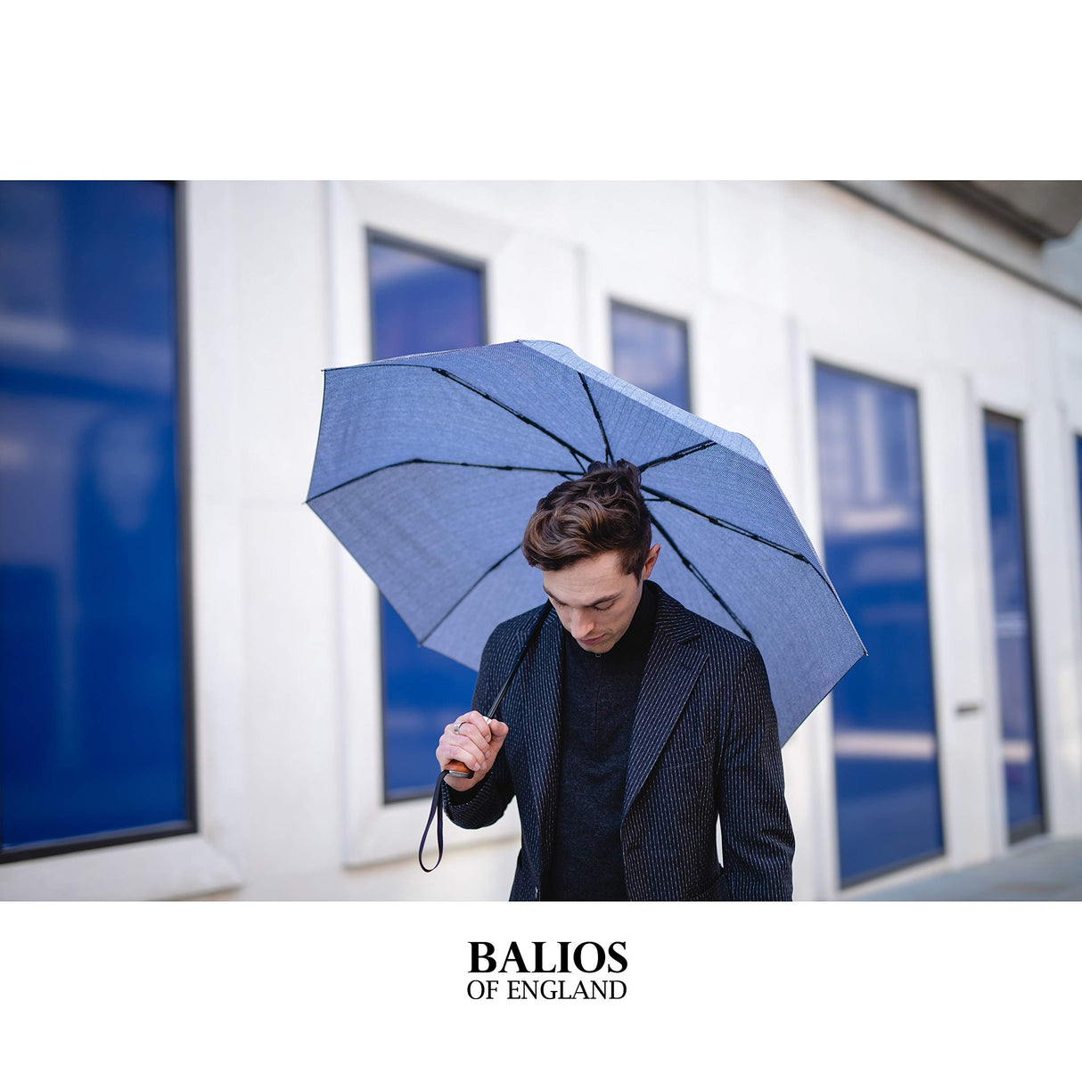 Balios (Designed in UK) Travel Umbrella Luxurious Golden Hardwood Handle Auto Open & Close Windproof Frame Single Canopy Automatic Folding Umbrella Men's & Ladies (Herringbone) Balios