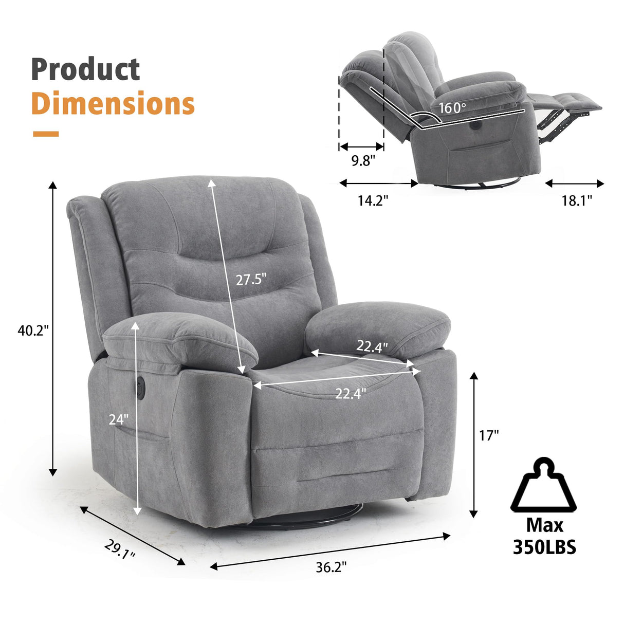 Ketaiyou Power Swivel Rocker Recliner with Massage and Heat, USB Port, Infinite Position, Oversized Electric Glider Rocking Chairs Living Room, Soft Fabric Reclining Sofa Chair(Misty Gray) Ketaiyou