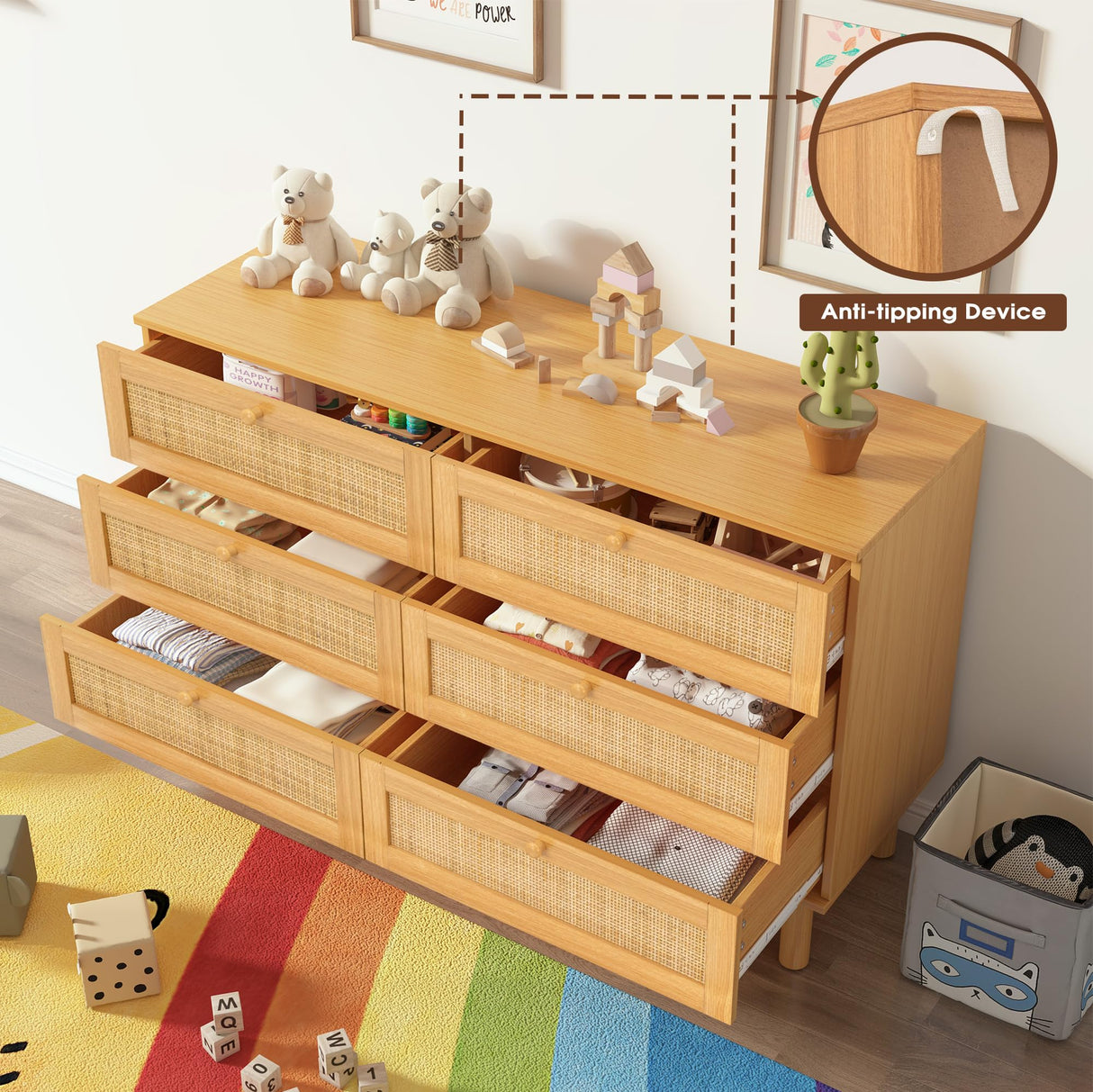 Bliss Homey 6 Drawer Dresser for Bedroom, Rattan Natural Wooden Dresser, 48" Wide Boho Chest of Drawers, Double Dresser with Wood Storage Organizer for Closet, Living Room, Hallway Bliss Homey