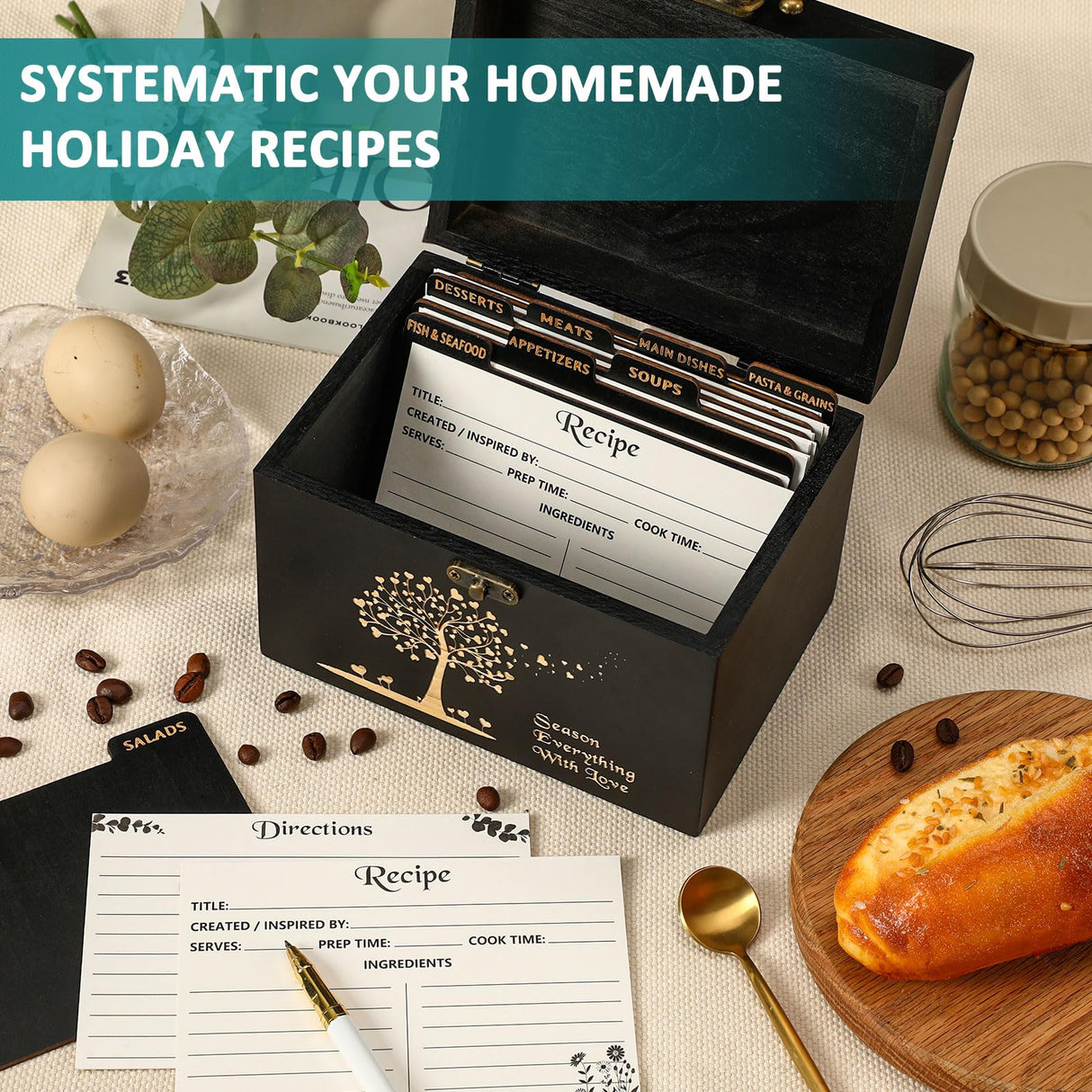 CypherX Wooden Recipe Box - 50 Blank Recipe Cards and Box Set - Recipe Card Organizer Box with 8 Wood Dividers - Gifts for Cooking Lovers | Best Housewarming and Bridal Shower Gift, Black CypherX