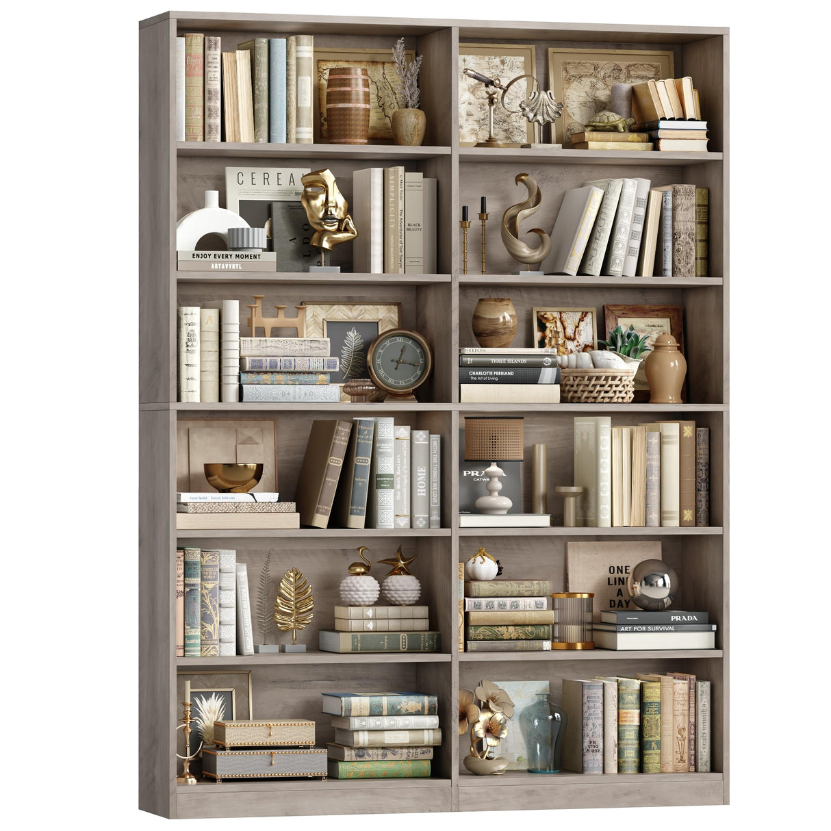 FACBOTALL Bookshelf and Bookcase, 6-Tier Double Wide Bookshelves, Freestanding Display Storage Shelves, Tall Bookcases for Home Decor Bedroom, Living Room, Home Office, Wash Gray FACBOTALL