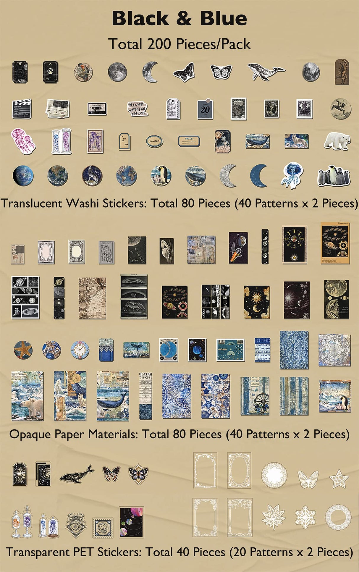 Knaid 200 Piece Vintage Ephemera Bundle - Paper & Sticker Kit for Junk Journaling, Scrapbooking, Planners, Bullet Journals, Collage, Decoupage - Black/Blue Tones Knaid