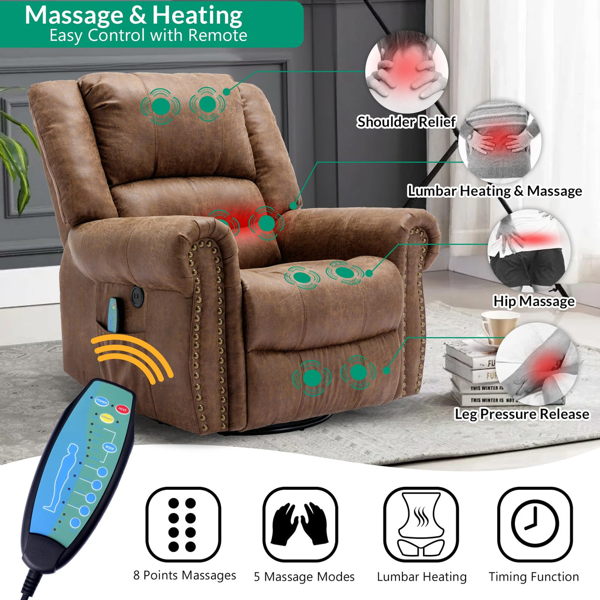 VIVIJASON Massage Swivel Rocker Recliner Chair with Heat & Vibration, 360° Swivel Manual Glider Rocking Reclining Chair with Remote Control, Side Pockets & USB Ports for Living Room, Nut Brown VIVIJASON
