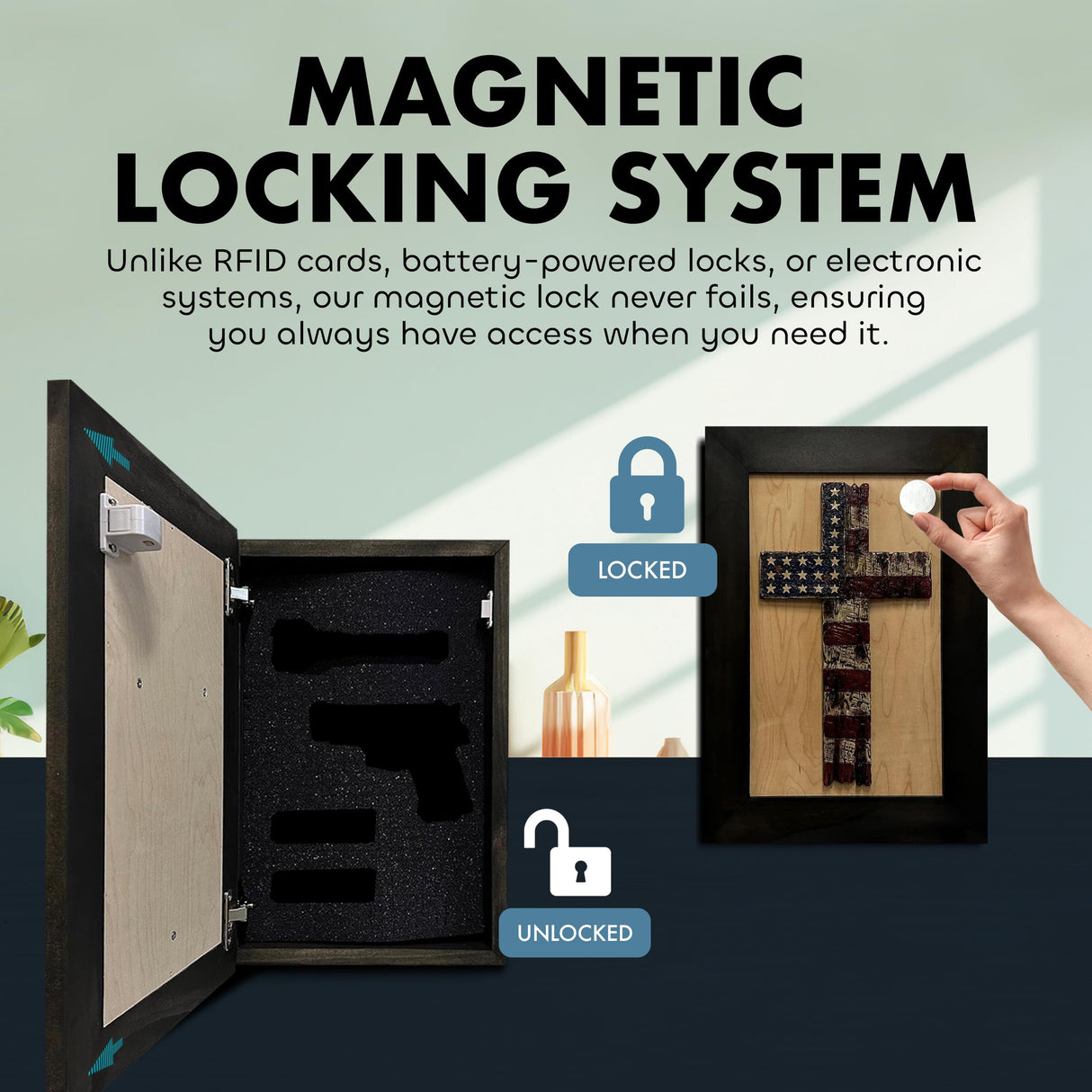 American Flag Cross Hidden Gun Shelf - Handcrafted Wall Mounted Gun Safe - Quick Access Concealment Shelf for Handguns - Hidden Gun Storage Wall Decor with Magnetic Lock By Bellewood Designs Bellewood Designs