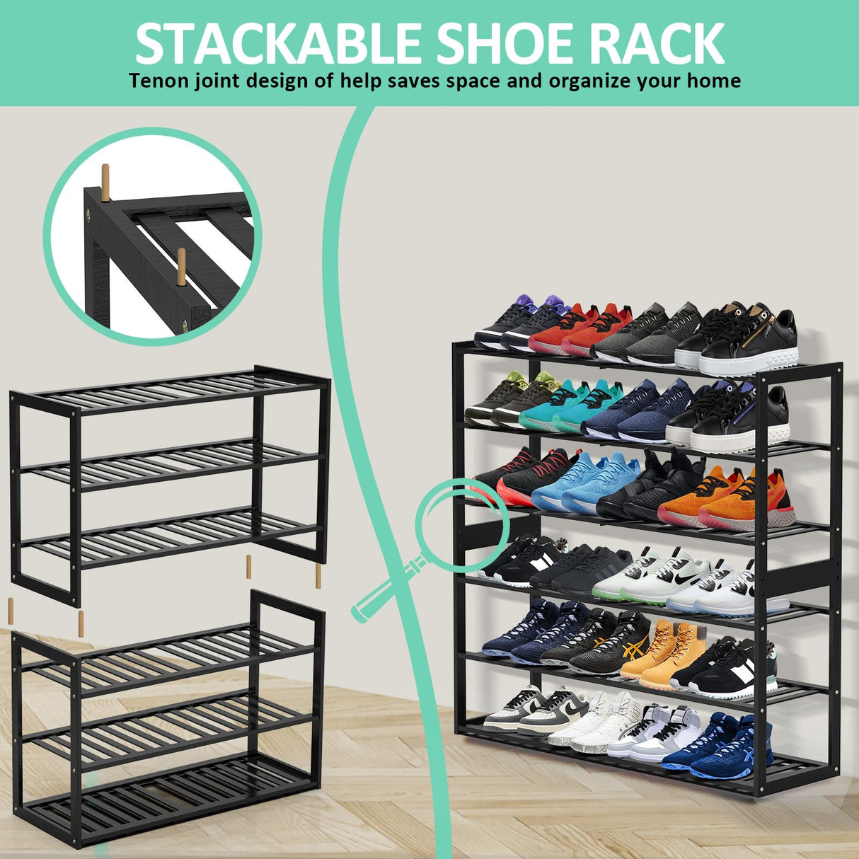 Jripae Bamboo Shoe Rack for Closet, Stackable 3 Tier Longer Shoe Organizer Shelf Holder Storage 12-15 Pairs for Entryway Door Hallway Bedroom Garage Space Saving Foldable Black Jripae