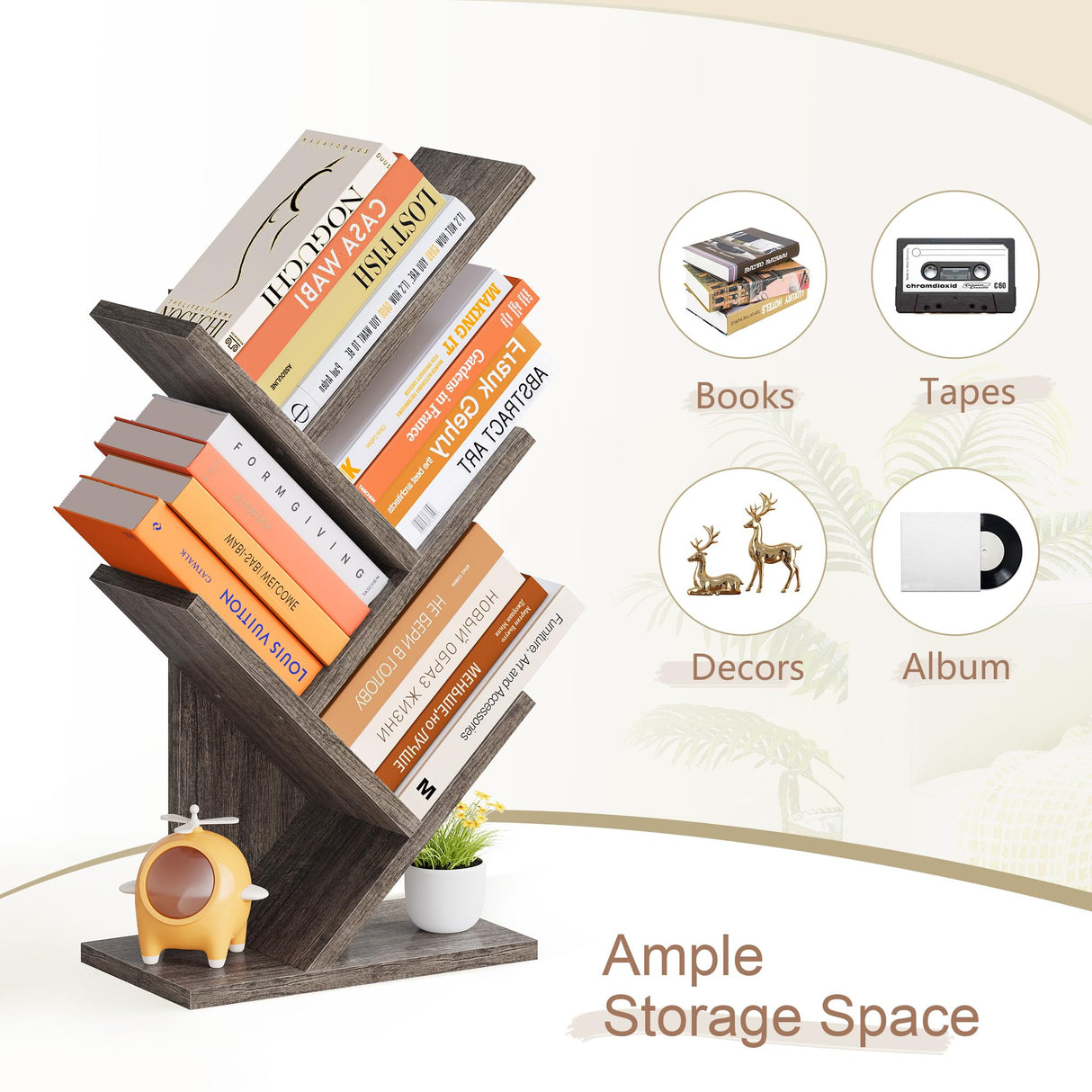 Hoctieon 4 Tier Tree Bookshelf, 4 Shelf Bookcase, Free Standing Tree Bookcase, Display Floor Standing Shelf for Books, Book Organizer Shelves for Home Office, Living Room, Bedroom, Grey Hoctieon