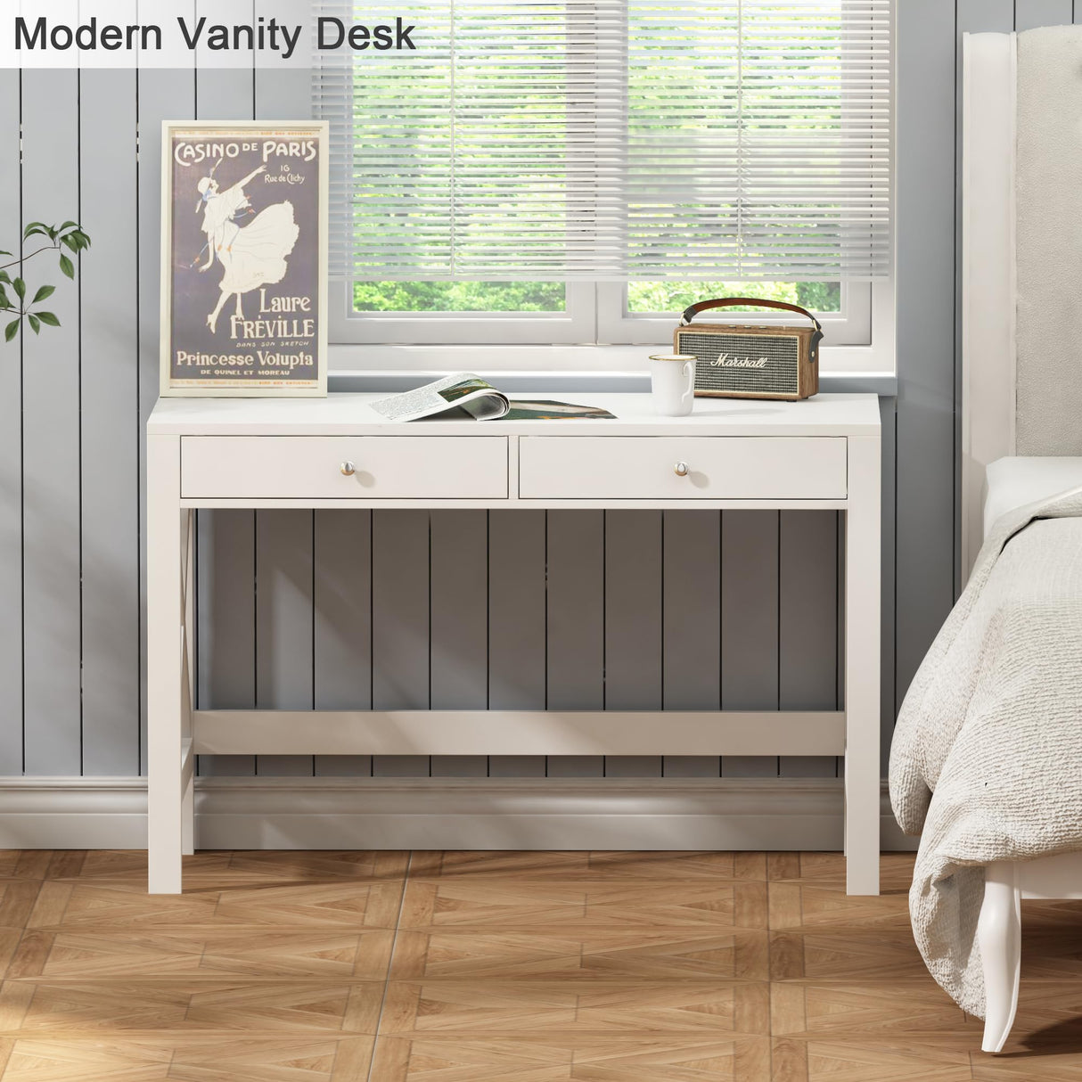 ChooChoo Computer Desk Study for Home Office, Modern Simple 40 Inches White Desk with Drawers, Makeup Vanity Console Table ChooChoo