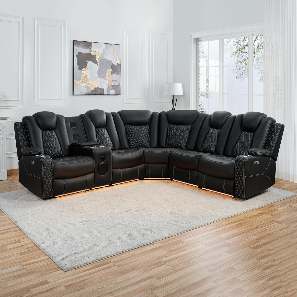 Naomi Home Chicago Luxury DIY Theater Sofa Set – Power Reclining Home Theater Seating with Adjustable Headrests, LED Lights, Bluetooth Speaker, Wireless Charging, USB & AUX Ports - Black Naomi Home