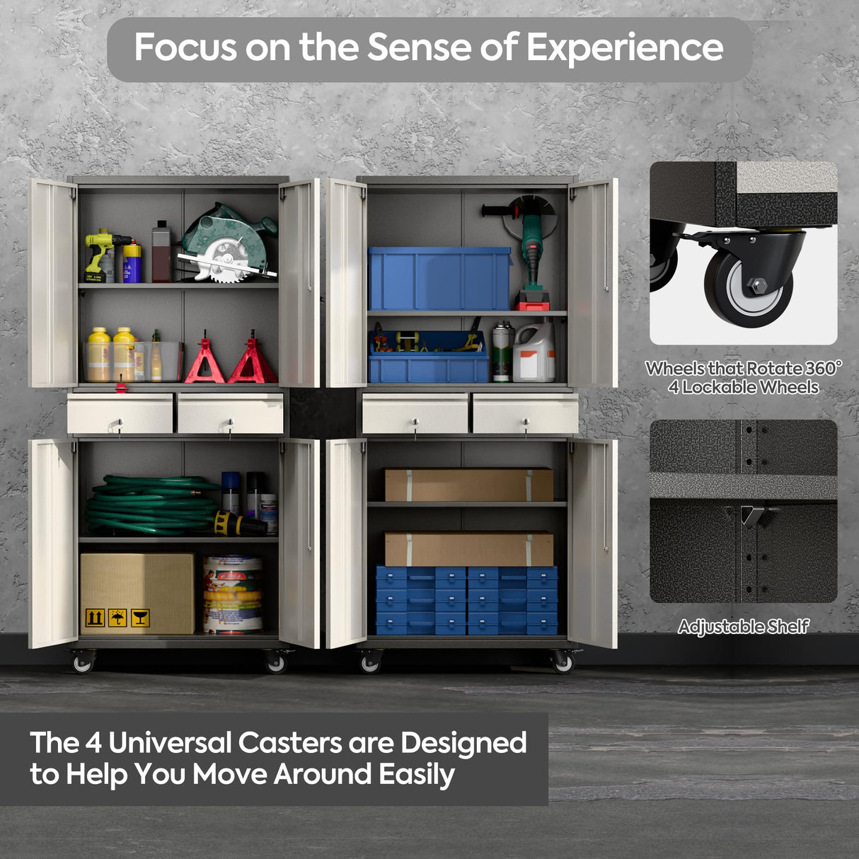 SUXXAN 71" Tall Metal Garage Storage Cabinet with 4 Wheels and 2 Drawer, Rolling Tool Storage Cabinet with Locking Doors and Adjustable Shelves,Heavy Duty Steel Tool Cabinet for Garage, Warehouse SUXXAN