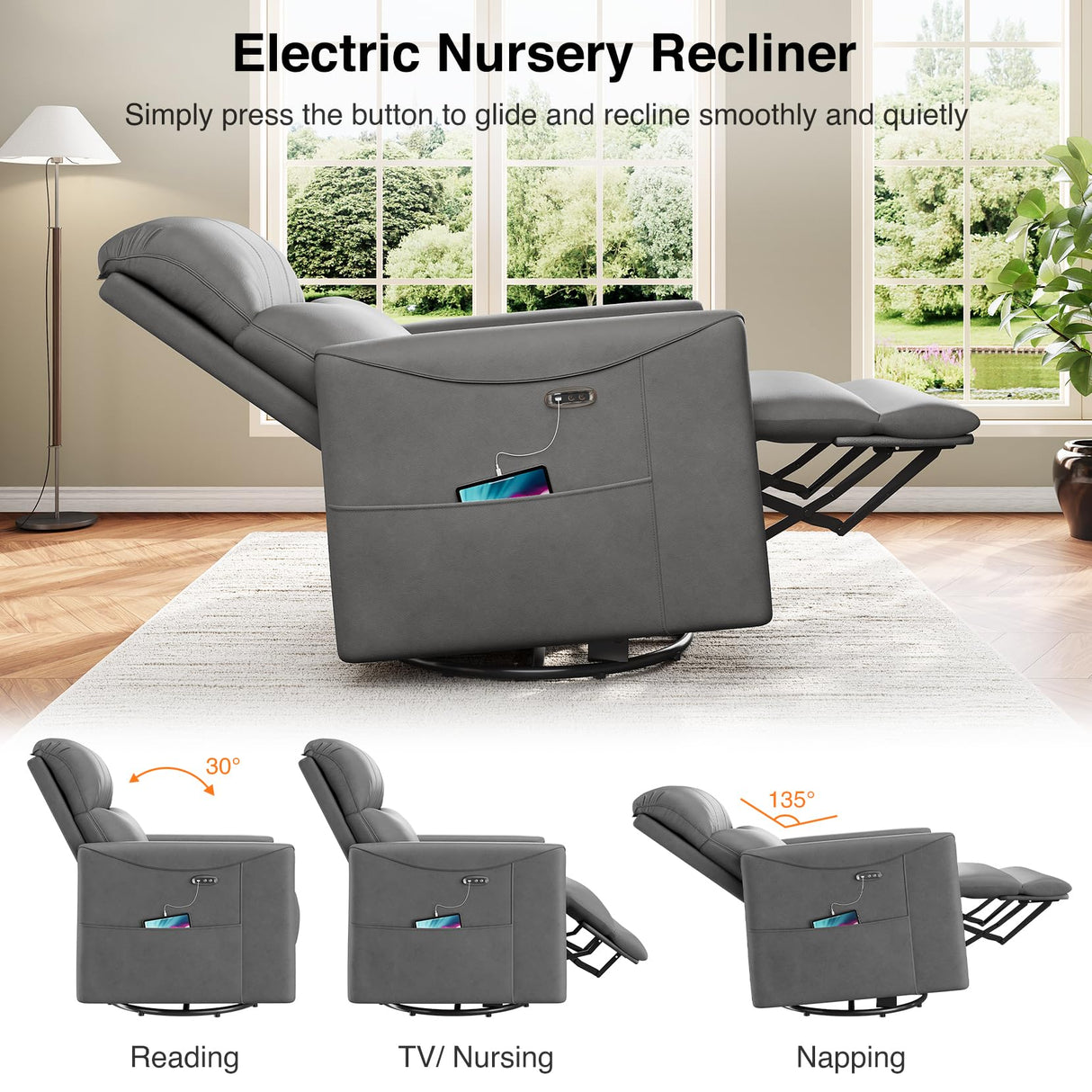 Welzona Power Swivel Rocker Recliner, 360° Swivel Nursery Rocking Chair, PU Leather Glider Rocking Recliner, Infinite Position Electric Chair for Adults with USB Port for Living Room, Dark Gray Welzona