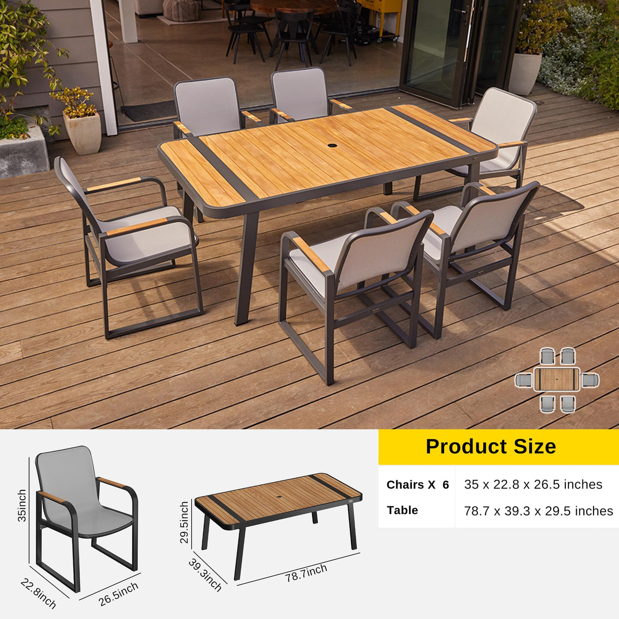 EAST OAK Signature 7 Pieces Outdoor Dining Set, Patio Furniture Set with Finest Teak Wood, Powder-Coated Aluminum Frame Table and Teslin Fabric Chairs, Patio Dining Set for Garden and Yard, Dark Grey EAST OAK