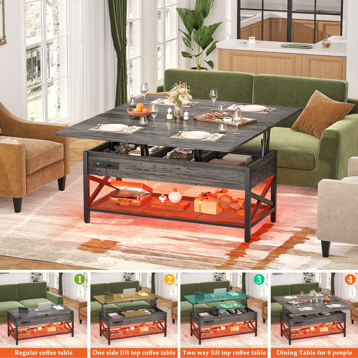 Aheaplus Coffee Table Lift Top Multi-Function Coffee Table Converts to Dining Table, with LED Light and Power Outlet, Center Table with Shelves for Living Room Reception Home Office, Black Oak Aheaplus