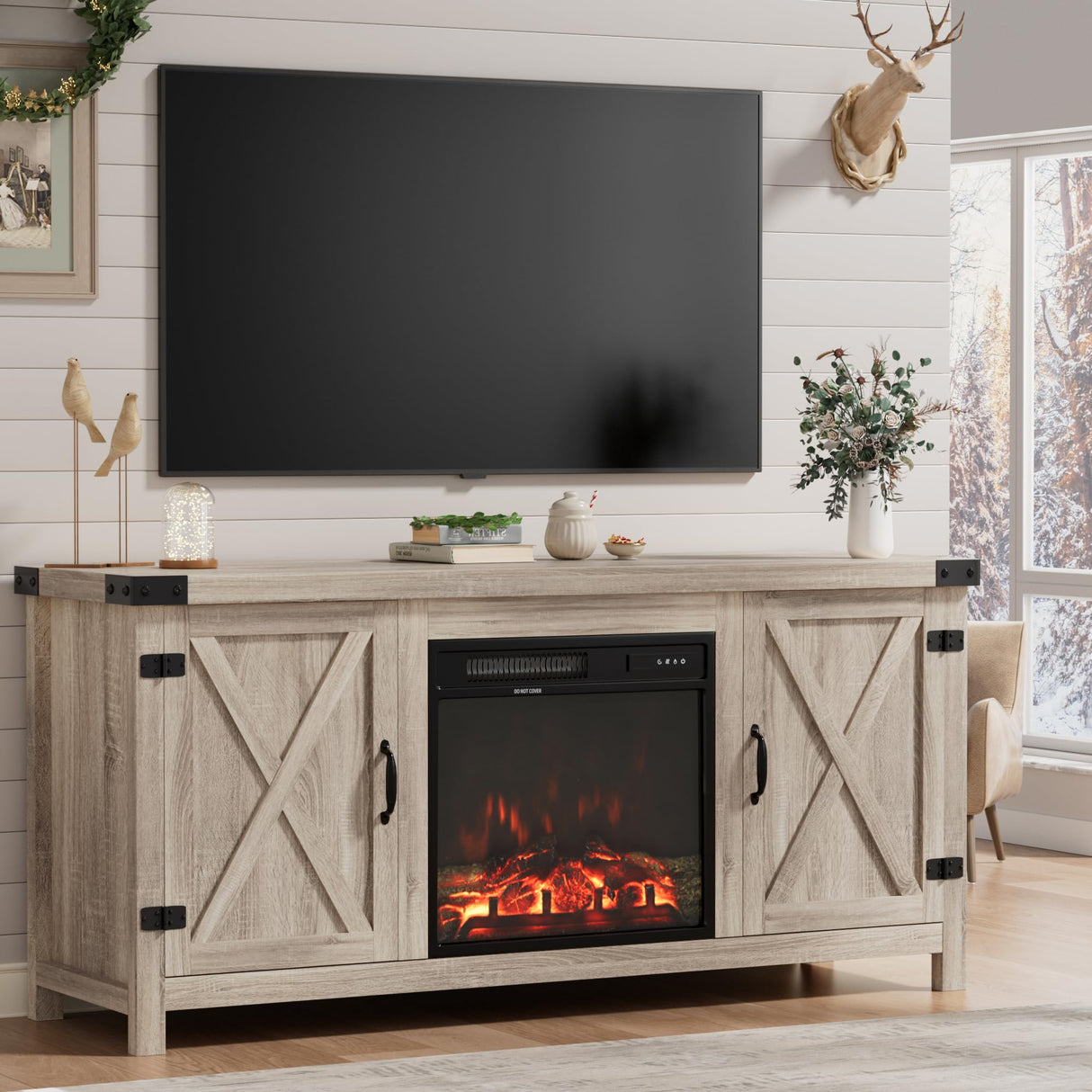 Furmax Fireplace TV Stand for Up to 65 Inches TVs, Farmhouse Entertainment Center with Grooved Barn Doors, Rustic Media Console Table with Storage Cabinets for Living Room (Natural Oak) Furmax