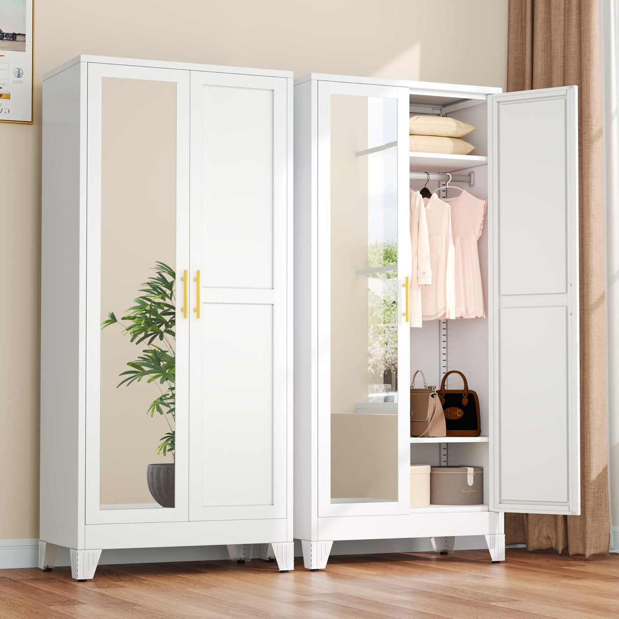 winiowa Metal Armoire Wardrobe Closet with 2 Mirror Doors, 71"' Wardrobe Cabinet with Adjustable Shelves and Hanging Rod, Clothing Storage Cabinet Closet with Mirror for Bedroom-White winiowa