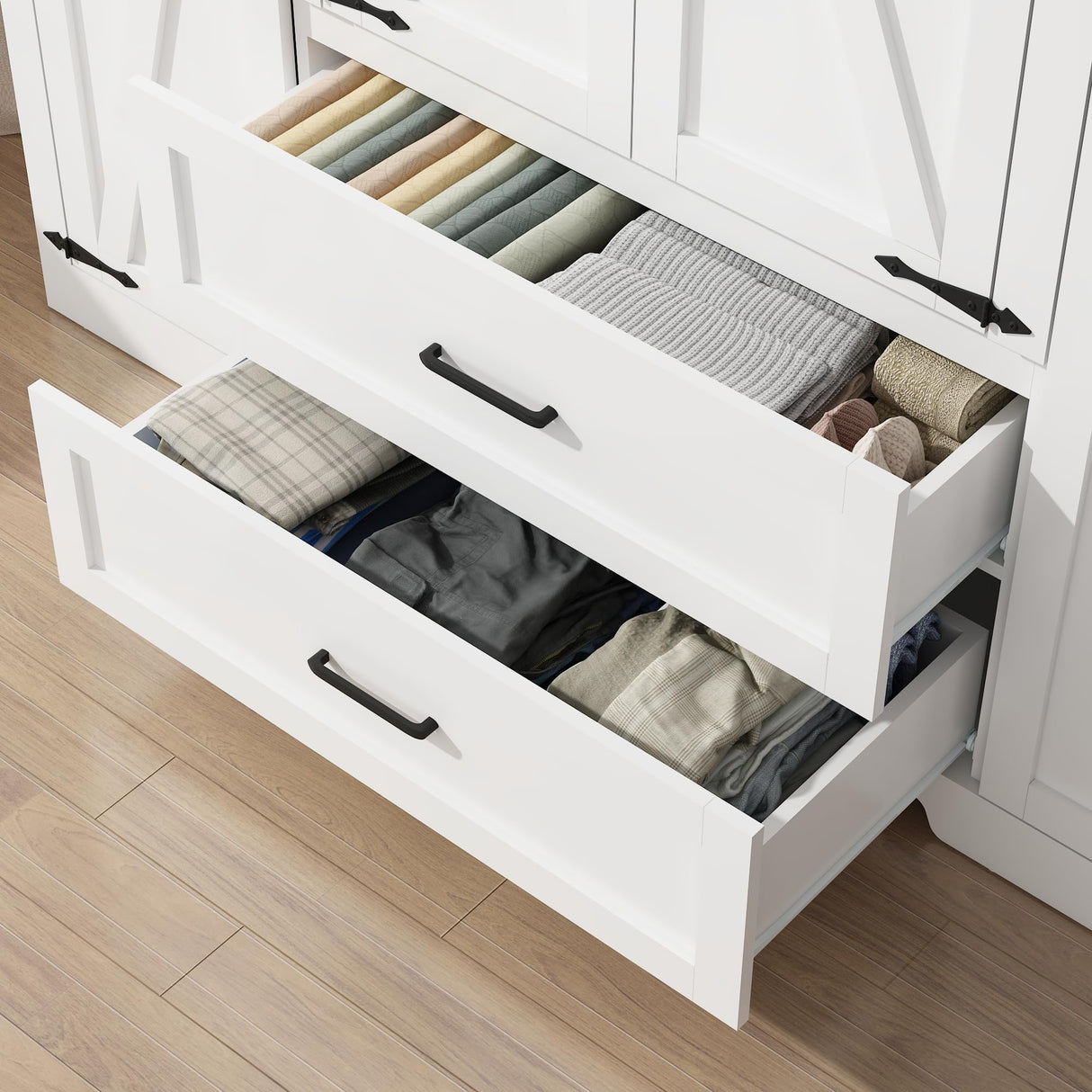 Hlivelood 4 Doors Wardrobe Armoire Closet with Doors and Drawers, Farmhouse Wooden Armoire Storage Cabinet with Shelves & Hanging Rod for Bedroom, White Hlivelood