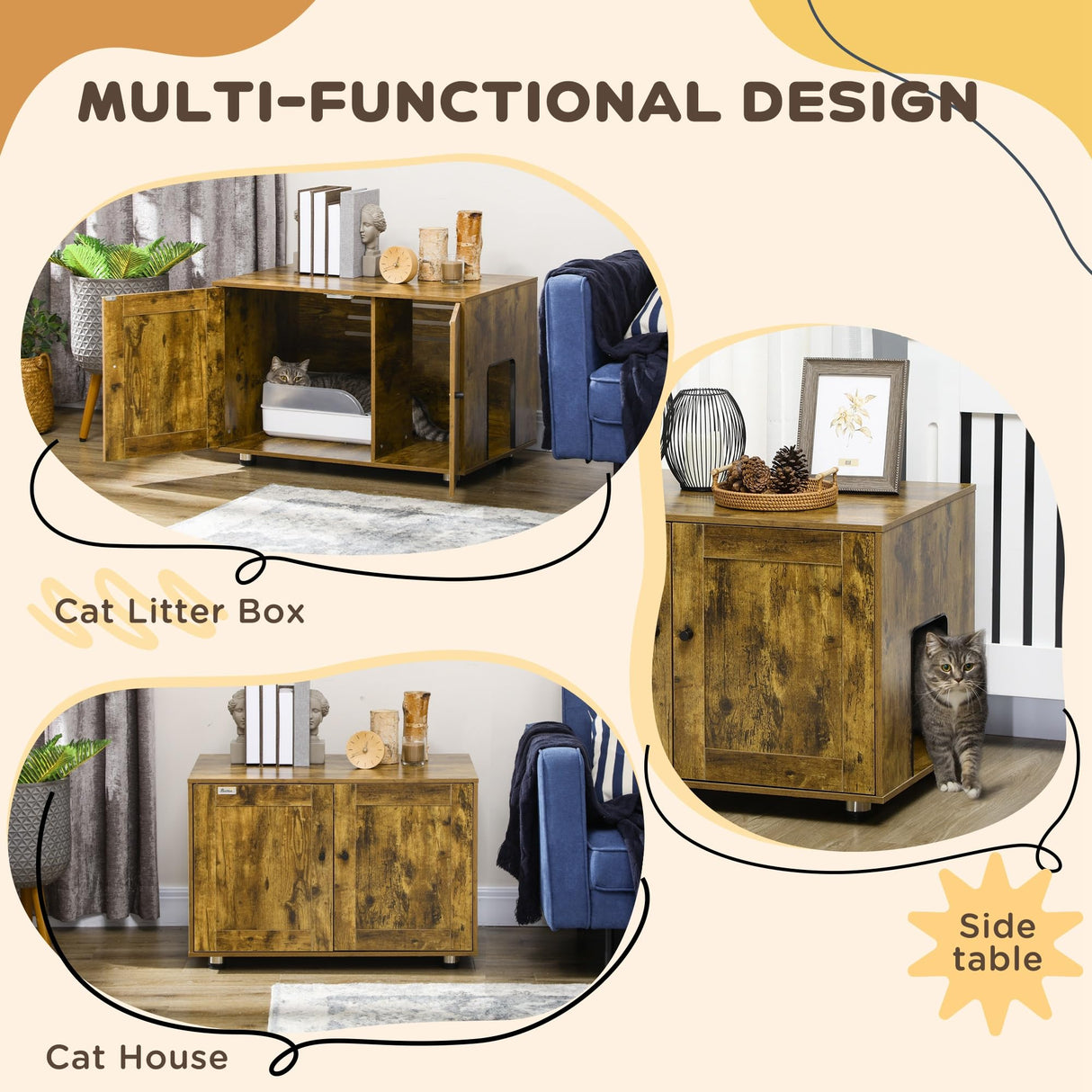 PawHut Hidden Cat Litter Box Enclosure, Cat Washroom Storage Bench Side End Table - Rustic Brown PawHut