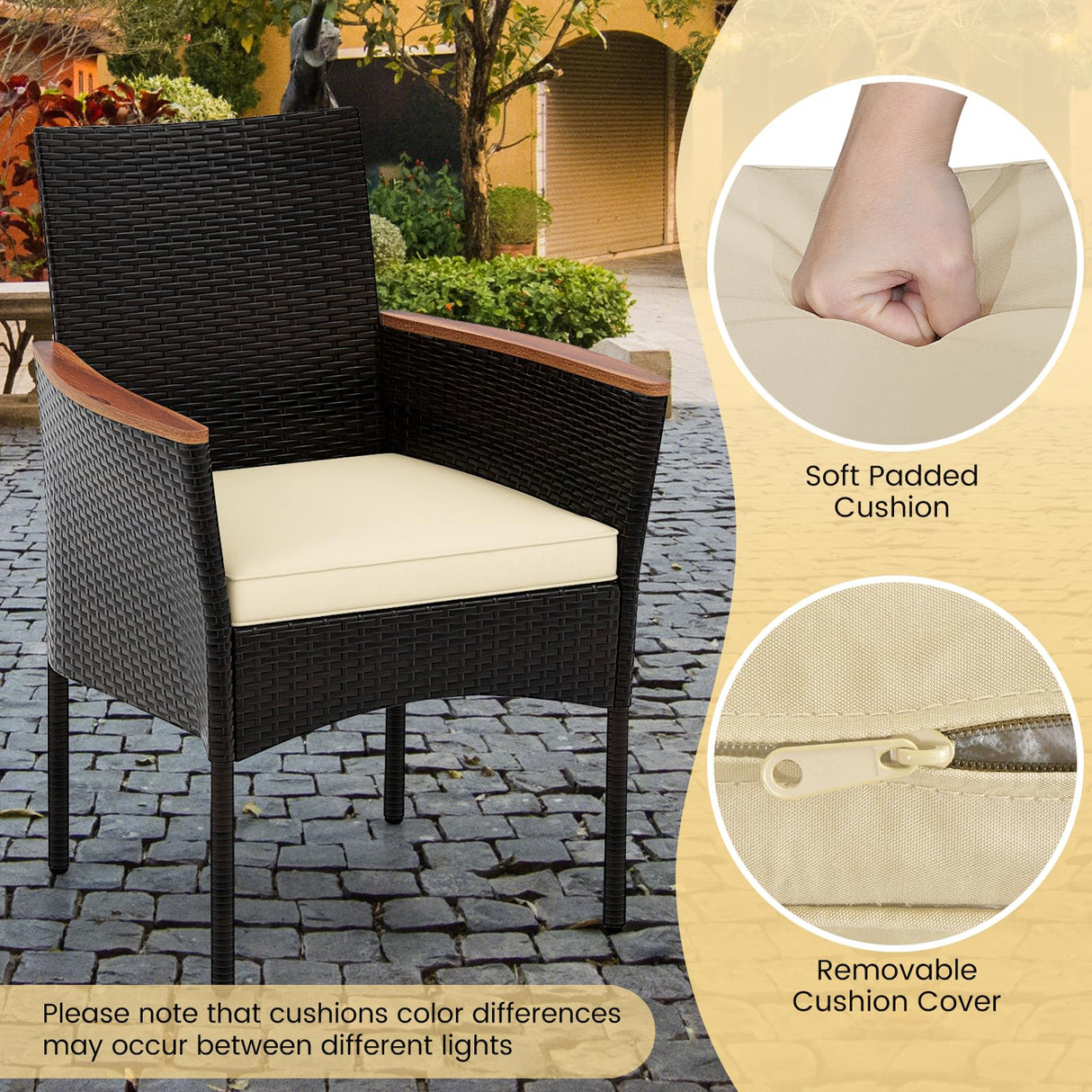 KOTEK Outdoor Dining Set for 6, PE Rattan Wicker Patio Furniture Set with Wood Table & Cushioned Armchairs, 1.96'' Umbrella Hole, Patio Table and Chairs Set for Garden, Backyard, Balcony, Poolside KOTEK