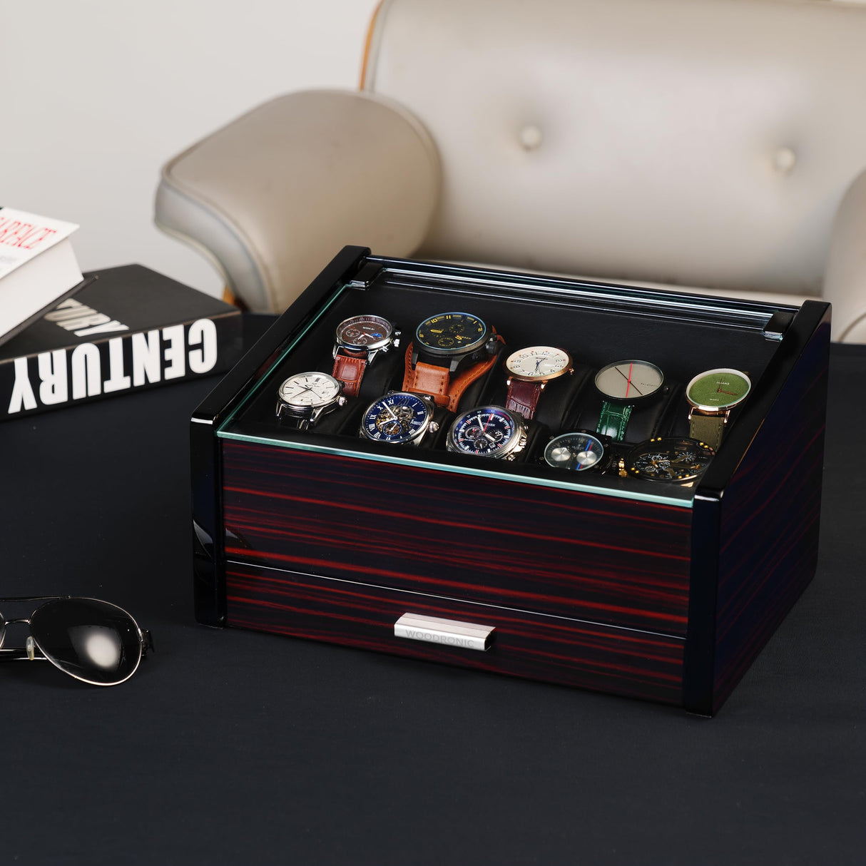 Woodronic Watch Organizer Case, 10 Slots Wood Watch Box Display Holder with Storage Drawer and Pillows, Glossy Finish, Glass Top and 2-Tiered Design, Gift for Men (Flat-top) Woodronic
