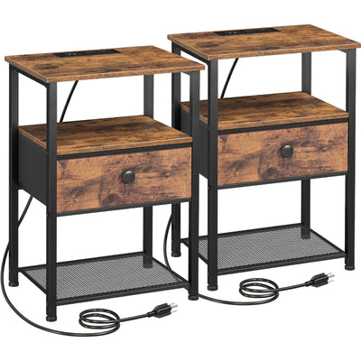 LOAKEKEL Night Stand Set 2, Nightstand with Charging Station, End Tables Living Room with Fabric Drawer for Small Spaces, Side Tables with Storage Shelf for Bedroom, Rustic Brown HETS010PBR