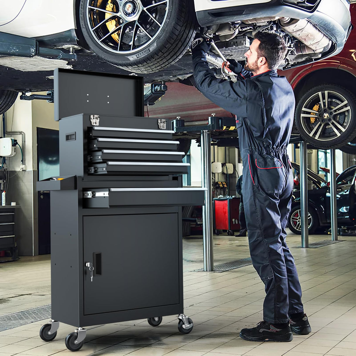 CMFYDAILY 5-Drawers Black Tool Chest, 2-in-1 Mechanic Rolling Tool Box Removable Lockable Tool Storage Cabinet, Metal Tool Cart with Drawers and Wheels for Garage, Workshop CMFYDAILY