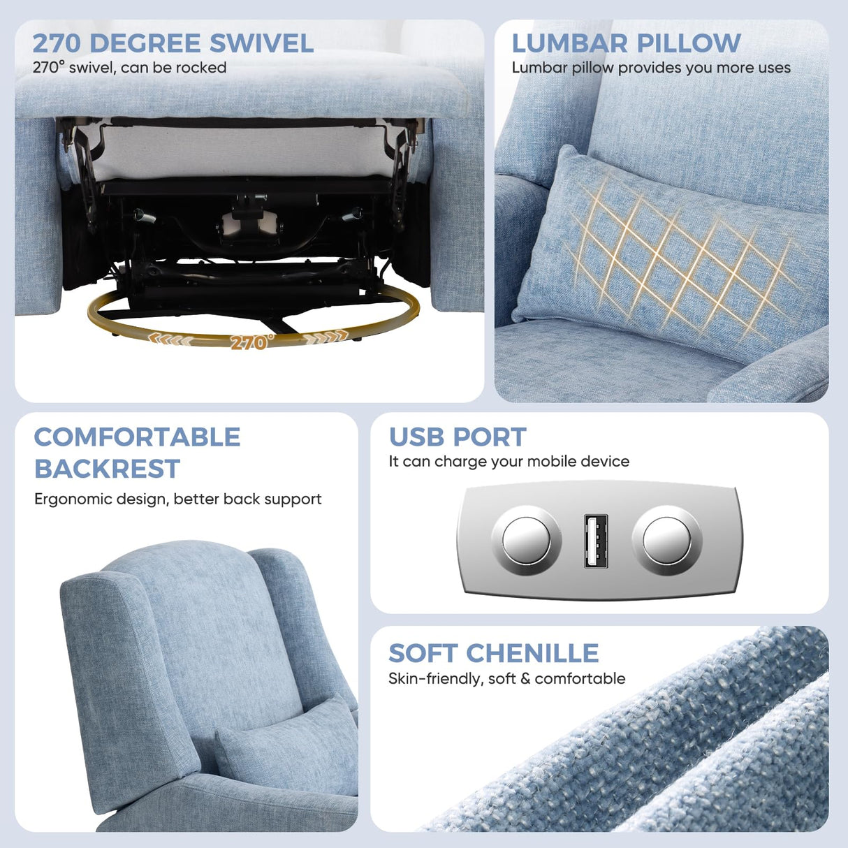 SENYUN Power Recliner Chair Swivel Glider, Large Nursery Glider w/USB Charging Port, Chenille Upholstered Rocker Recliner for Bedroom,Nursery,Living Room,1PC,Blue SENYUN