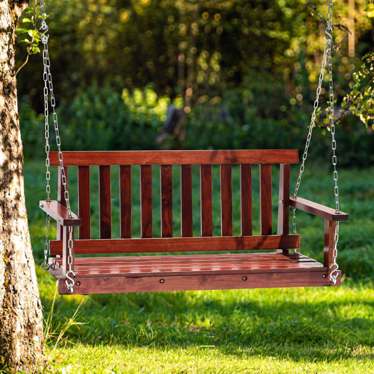 Wooden Porch Swing Chair, 4 FT Patio Swing Seat Hanging Chair Outdoor, Waterproof Swinging Chair Backyard Swings for Adults/Kids, Bench Swings for Outside, w/Mounting Chains, 800 lbs Capacity BORGEBY