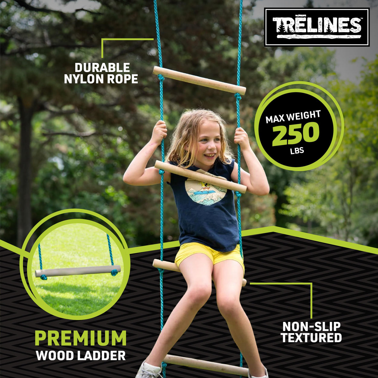 Trelines 7' Wooden Climbing Rope Ladder - The Ultimate Kids' Ninja Warrior Obstacle Course Accessory - Perfect for Enhancing a Ninja or Swing Set Kit, or Even Over Tree Branch. Get Outside Hape
