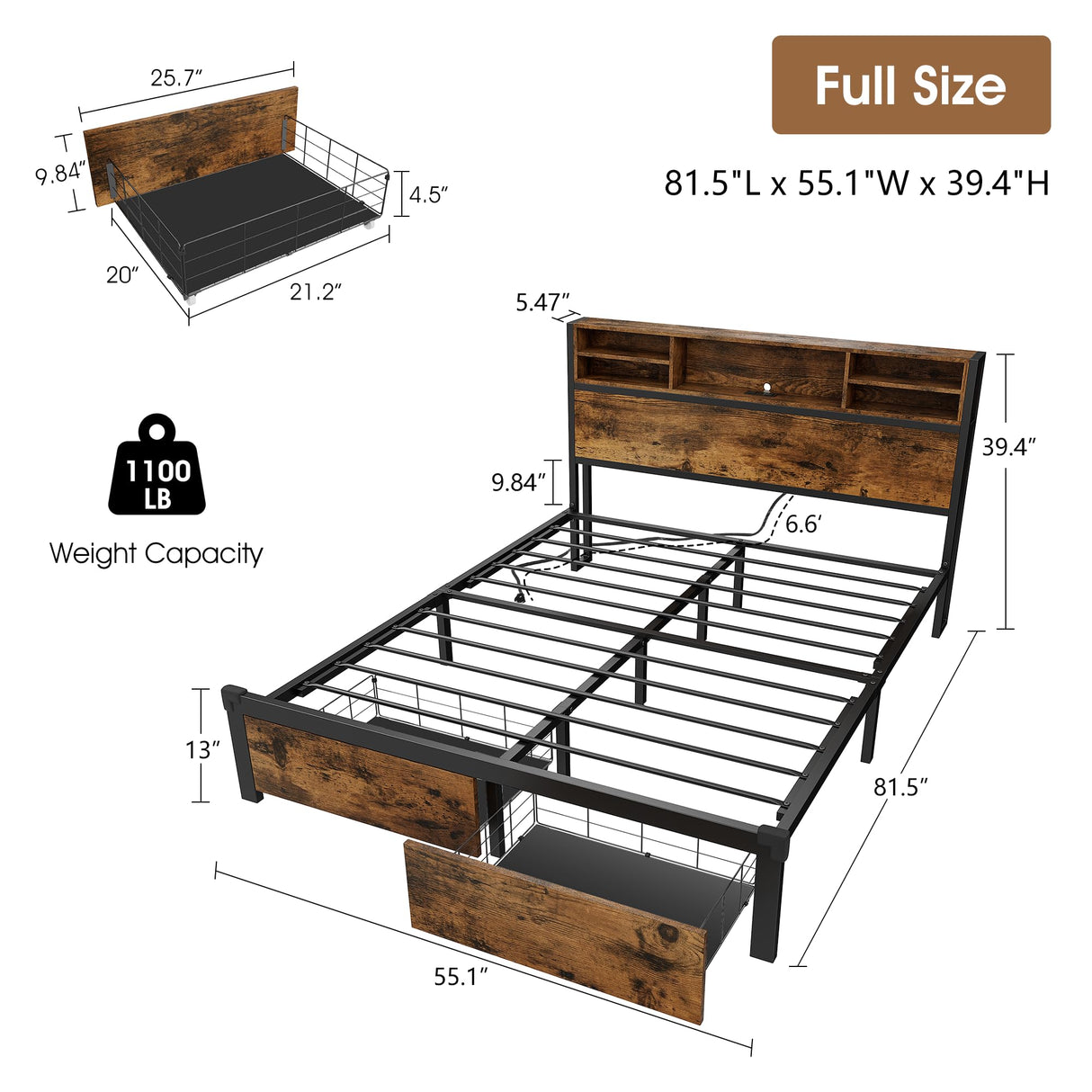 Alohappy Full Size Bed Frame with Storage Headboard and Drawers, Metal Platform Bed Frame RGB Led Lights and with Charging Station, No Nosie No Box Spring Needed (Full) Alohappy