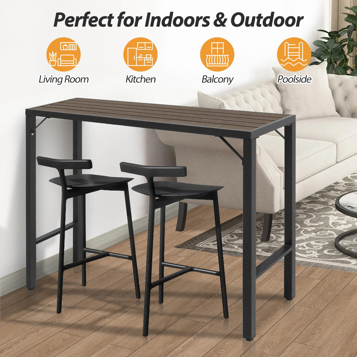 Raysfung Outdoor Bar Table, 55” Patio Bar Height Table, Bar Counter Pub Dining Table with Waterproof Top for Balcony, Garden, Yard, Poolside (Brown) Raysfung