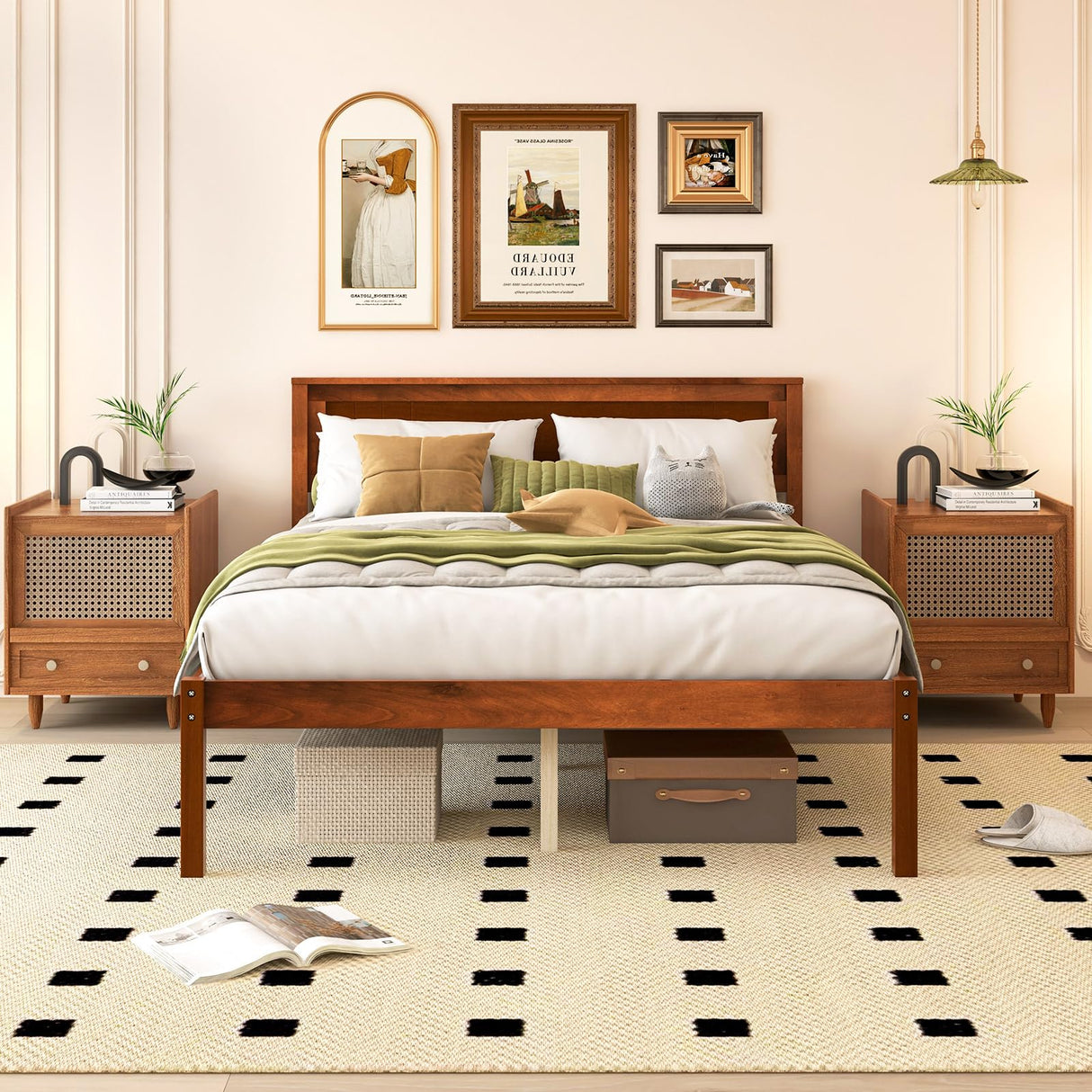 Giantex Full Size Wood Platform Bed with Headboard, Mid Century Solid Wood Full Bed with Slat Support, Double Bed Frame with 16" Under Bed Storage, No Box Spring Needed, Easy Assembly, Walnut Giantex