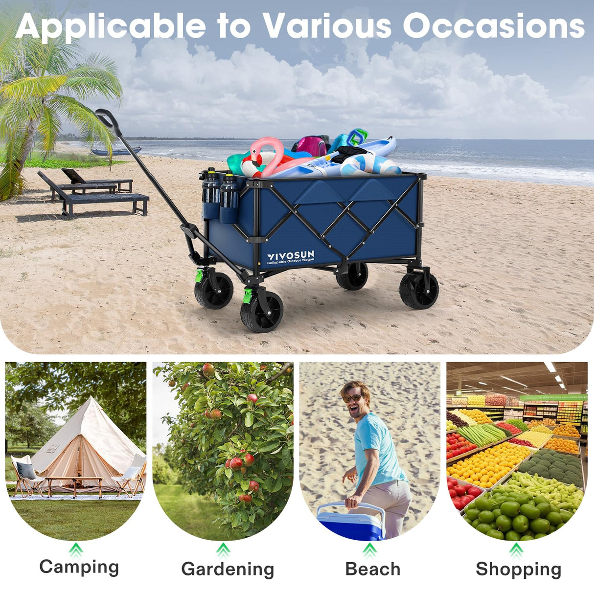 VIVOSUN Collapsible Folding Wagon, Outdoor Utility with Silent All-Terrain Beach Wheels, Adjustable Handle, Cup Holders & Side Pockets, for Camping, Beach, Shopping, Garden, Sports, Picnic, Blue VIVOSUN