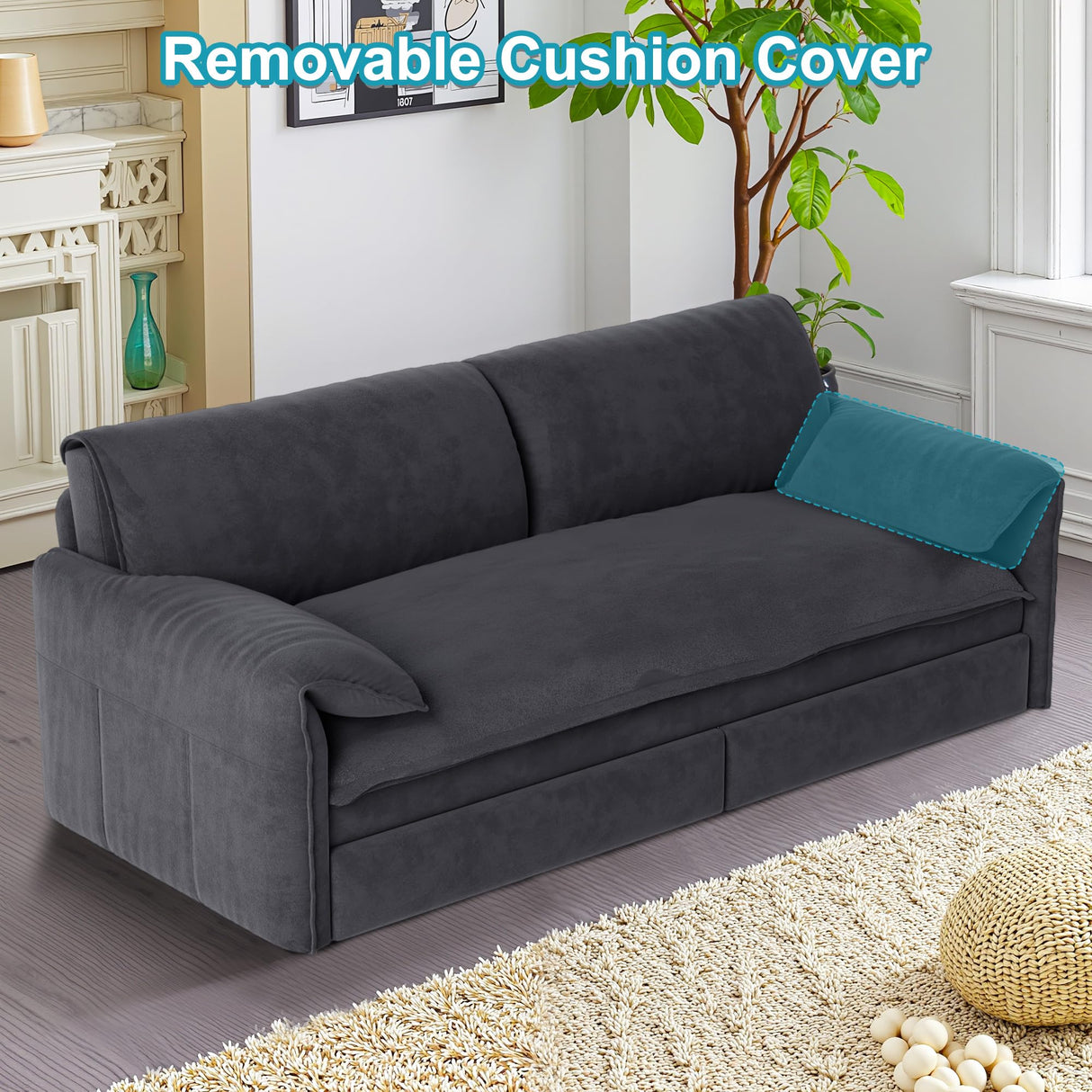 Lyngins 66 Inch Queen Size Sleeper Sofa Bed, 3 in 1 Convertible Pull Out Couch Velvet Loveseat Sofa Couch Bed with Side Pockets for Apartment, Bedroom, Living Room, Dark Gray Lyngins