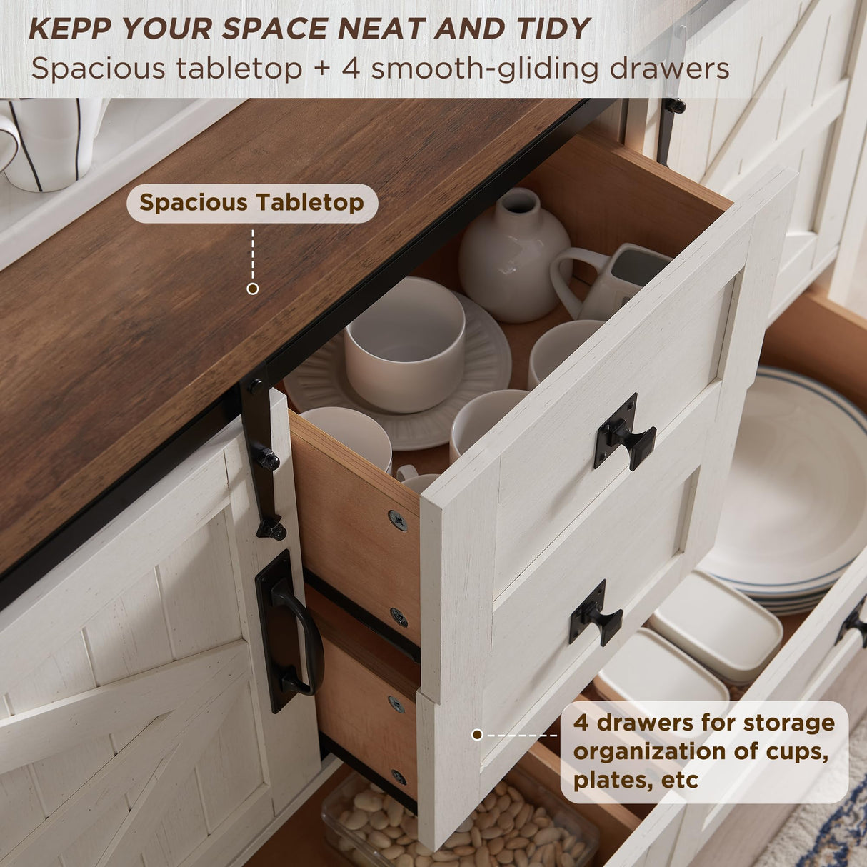 T4TREAM Farmhouse Sideboard Buffet Cabinet with Storage, 31.2'' Tall Kitchen Cabinet with 2 Sliding Barn Doors and 4 Drawers, Rustic Wood Coffee Bar Table for Dining Room, Antique White T4TREAM