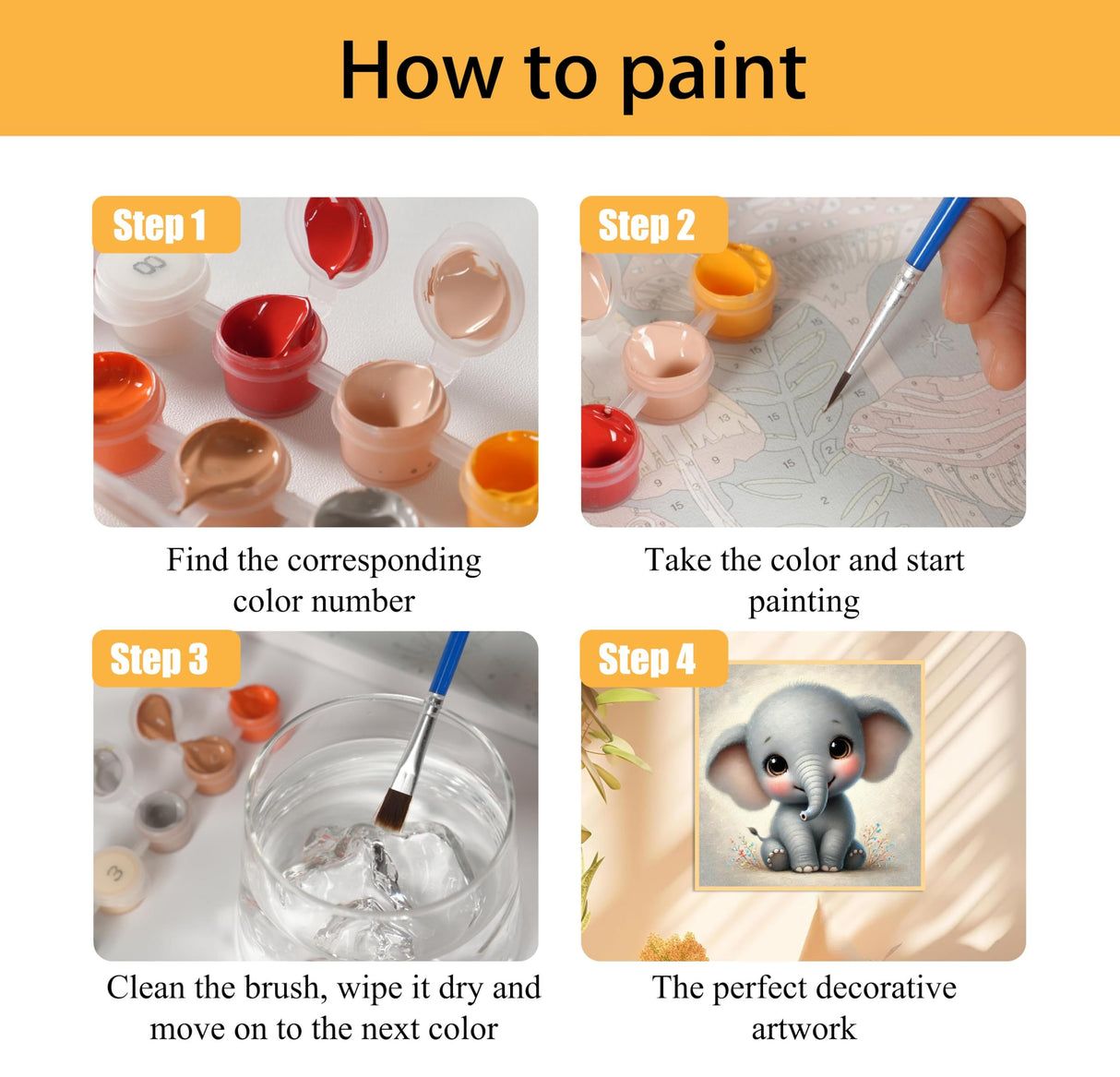 Mowana Paint by Numbers Kit for Adults Framed Canvas - with Wooden Easel, Baby Elephant Adults' Paint-by-Number Kits DIY Acrylic Oil Painting Kits Arts Crafts 7.8x7.8inch Mowana