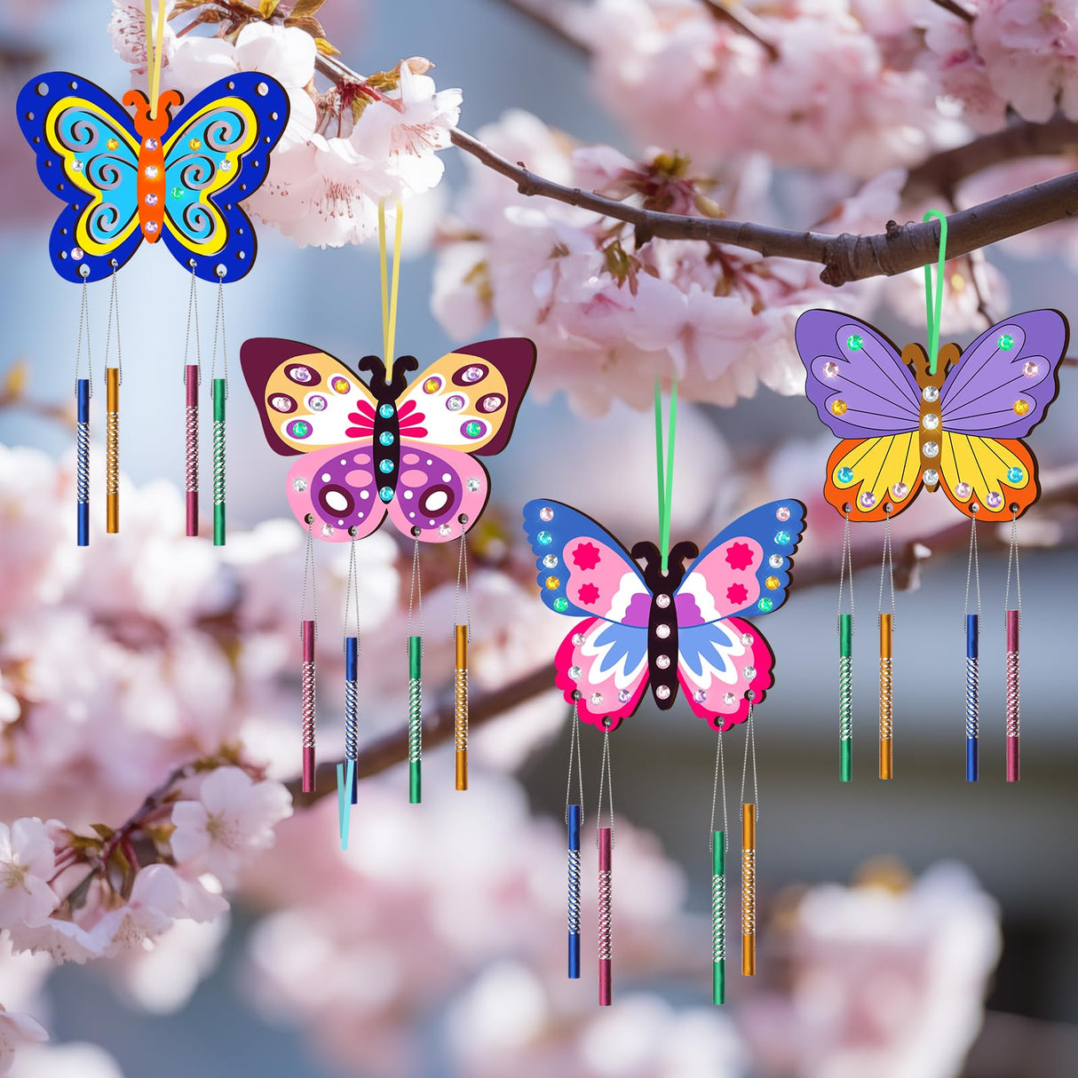 TREACLUB 10 Pack Butterfly Wind Chime Kit for Kids Make Your Own Butterfly Wind Chime Wooden Crafts DIY Make a Wind Chime Kit DIY Coloring Butterfly Ornaments for Girls Boys TREACLUB