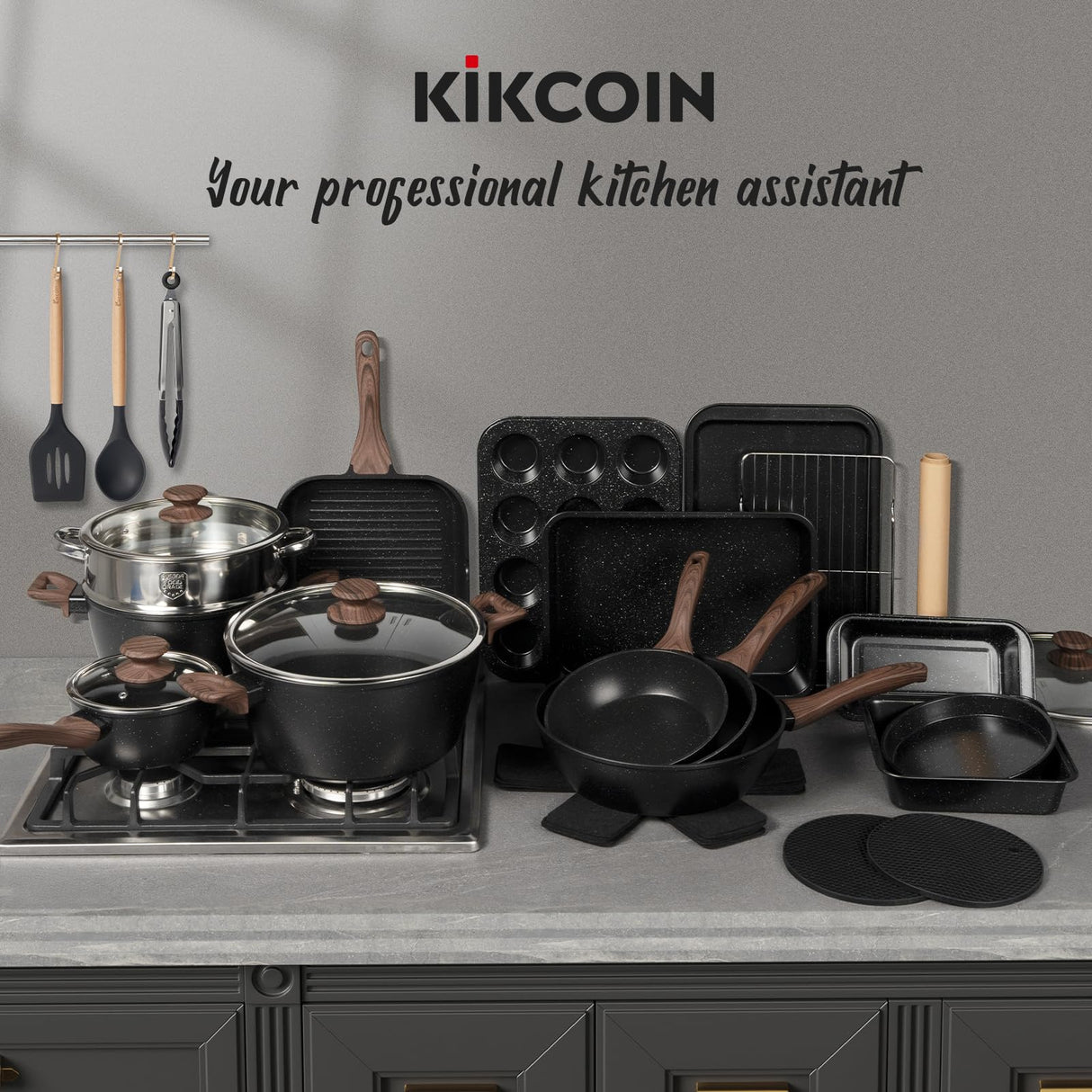 Kikcoin 31 Pcs Kitchen Cookware Set, Non Stick Pots and Pans Set Bakeware Set Nonstick Cooking Set with Baking Pans, Frying Pans, Saucepan, Grill Pan, Utensils Kikcoin