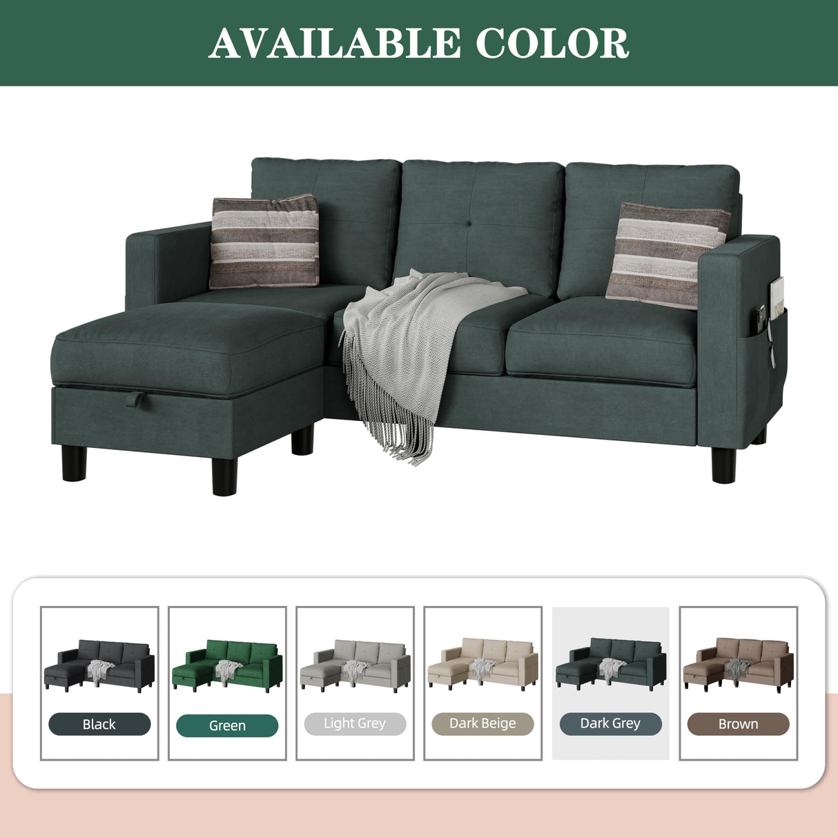 JAMFLY Sectional Sofas Couches for Living Room, L Shaped Couch with Storage Sofa Set, Small Couches for Small Spaces with Movable Ottoman, Dark Grey JAMFLY