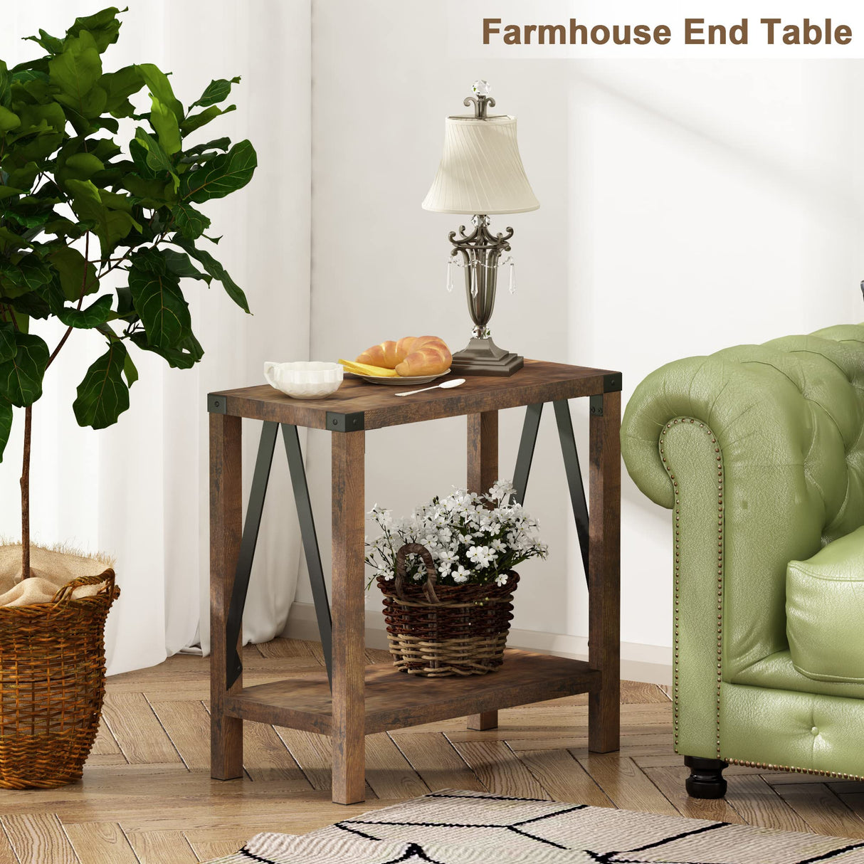 ChooChoo Farmhouse End Table for Small Spaces, Narrow Side End Table with Storage Shelf, Rustic A-Design Nightstand Sofa Table for Living Room, Bedroom (Rustic Brown) 2 Pack ChooChoo