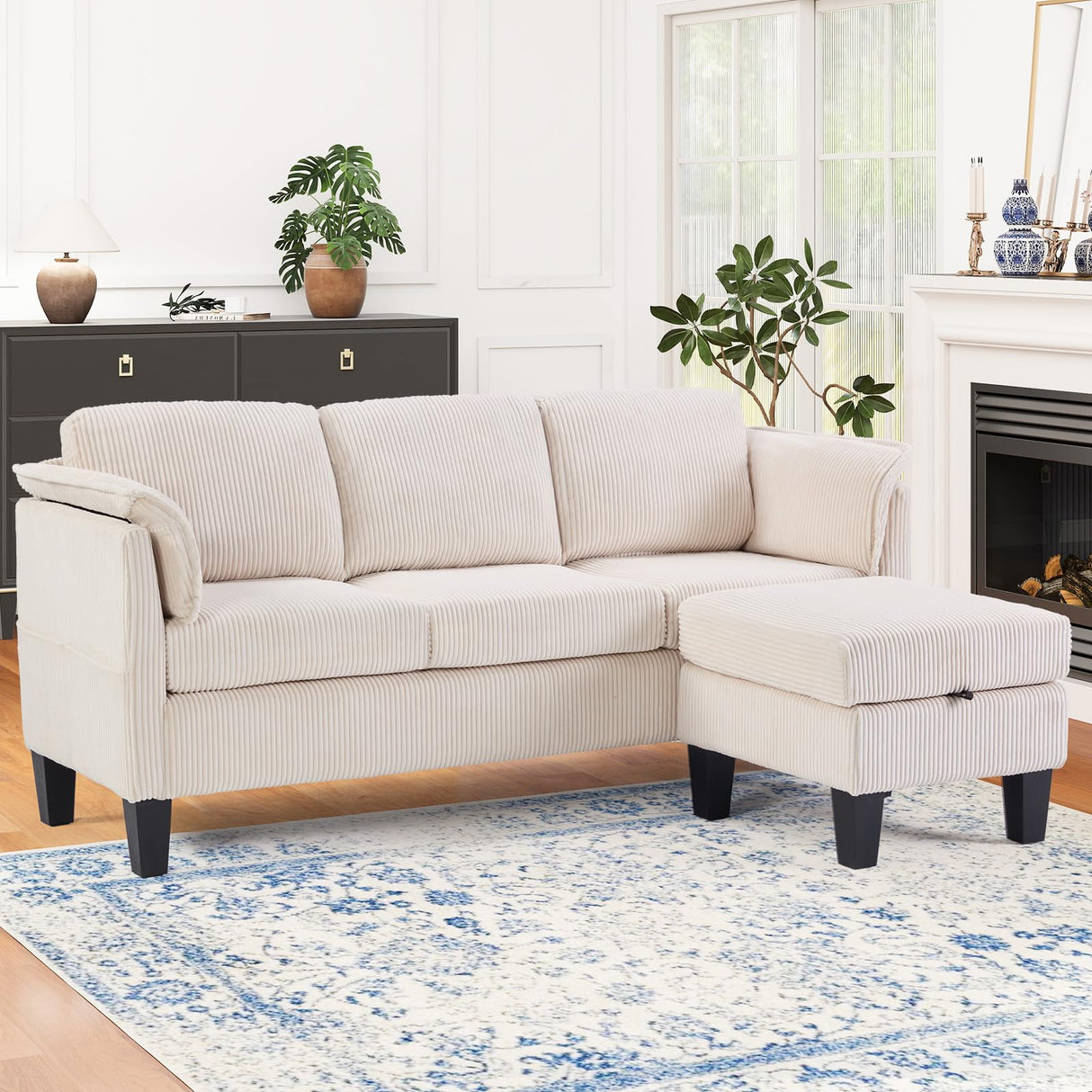 HAOMARKETS Modern Convertible L Shaped Sofa with Storage Ottoman,3-Seater Corduroy Fabric Couch with Reversible Chaise Lounge, Sectional Couches for Small Spaces, Living Room, Apartment, Beige HAOMARKETS