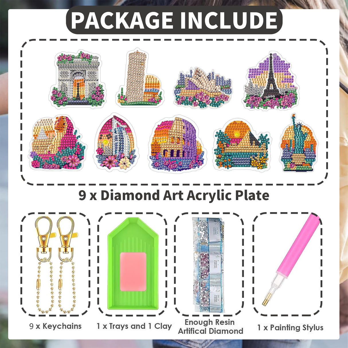 Ginfonr DIY Diamond Art Keychains Kit – 9PCS Diamond Painting Keychains for Bag with Famous Buildings, Cartoon Designs – Double-Sided Landscape Key Rings for Car, Party, Gift Decor, Garden Ginfonr