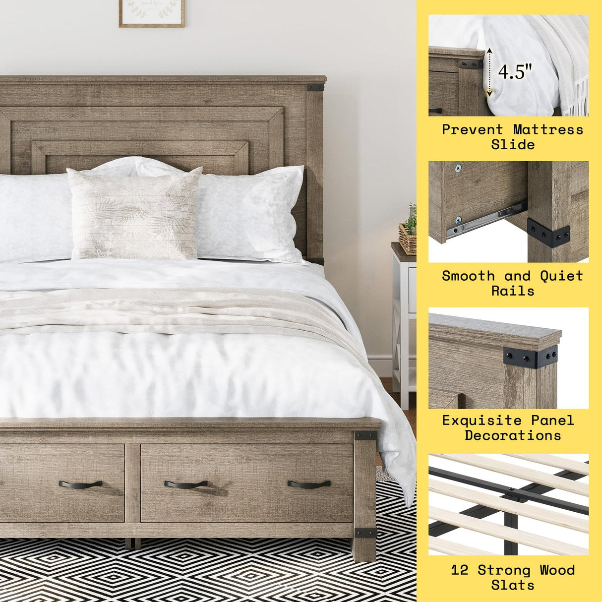 AMERLIFE Farmhouse Full Size Bed Frame with 54" Tall Geometric Headboard & Footboard, Rustic Wood Platform Bed Frame with Large Storage Drawers, Wood Slats Support, No Box Spring Needed, Rustic Grey AMERLIFE