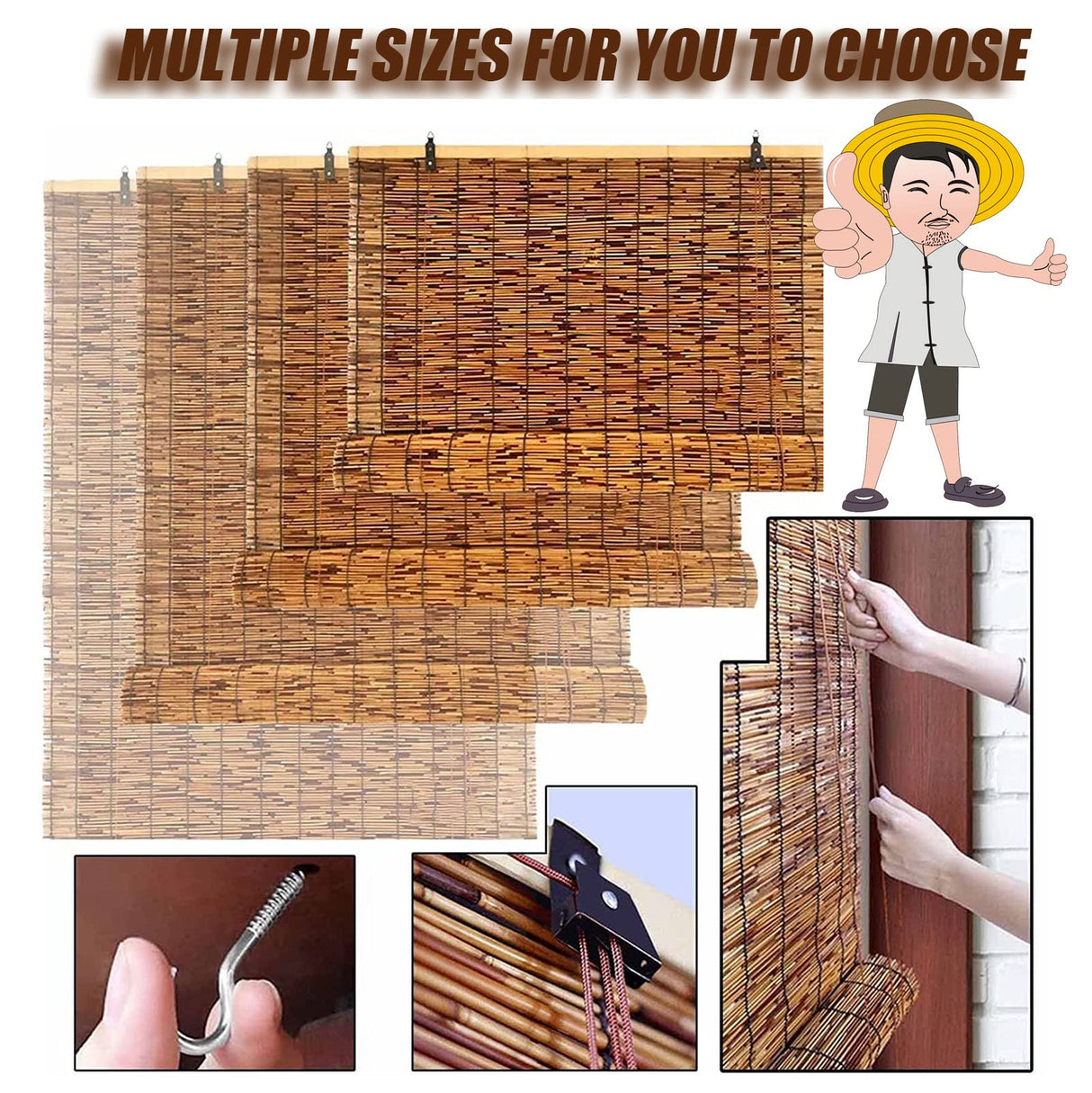 Reed Roll Up Shades - Bamboo Blinds with Lift for Indoor/Outdoor Privacy, Retro White 2659in (WH) OCAZI