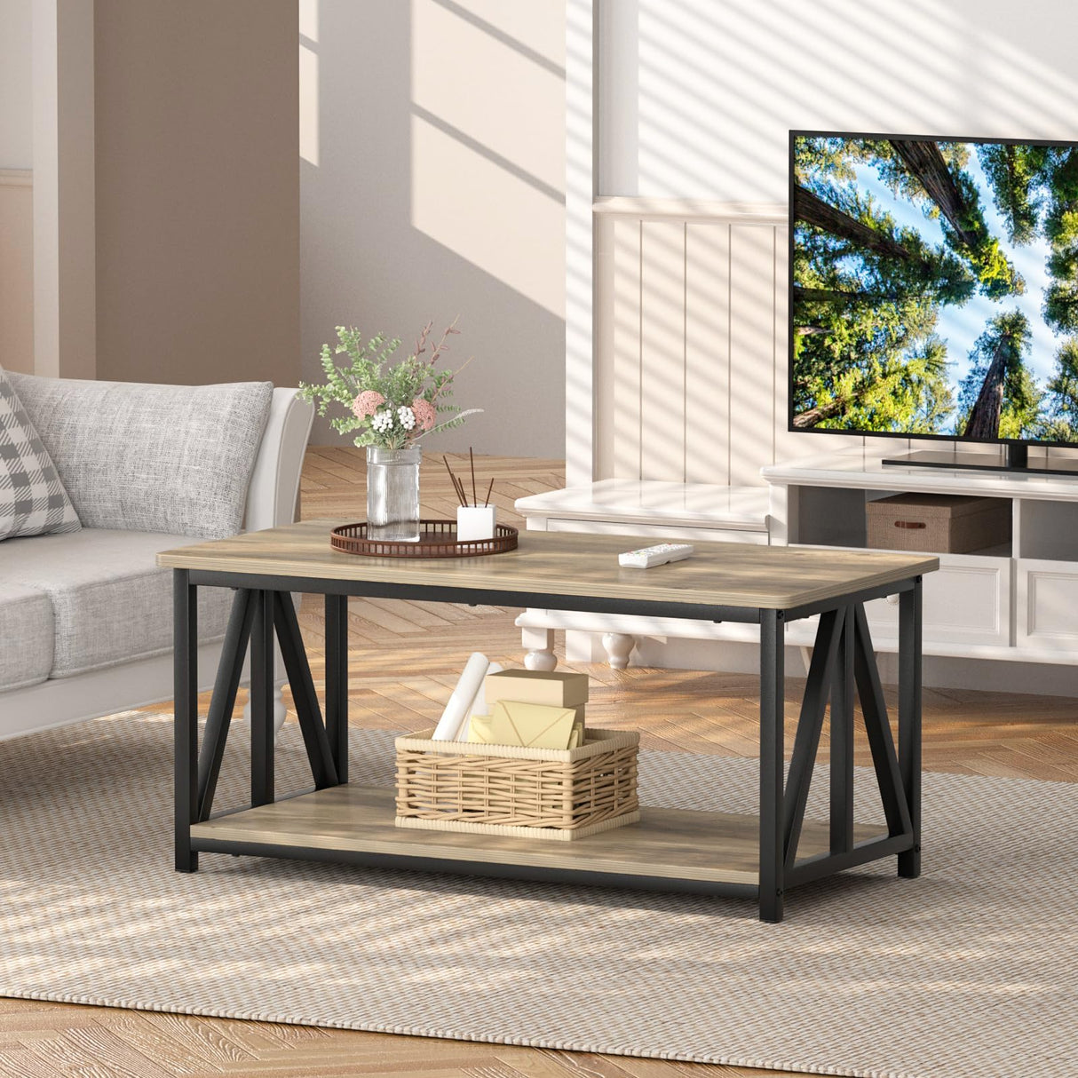 SOROGRA Coffee Table for Living Room with Round Corners, 2 Tier Modern Farmhouse Center Tables with Storage Shelf, 39 Inch Small Table for Sofa Home Office, Grey Wash SOROGRA