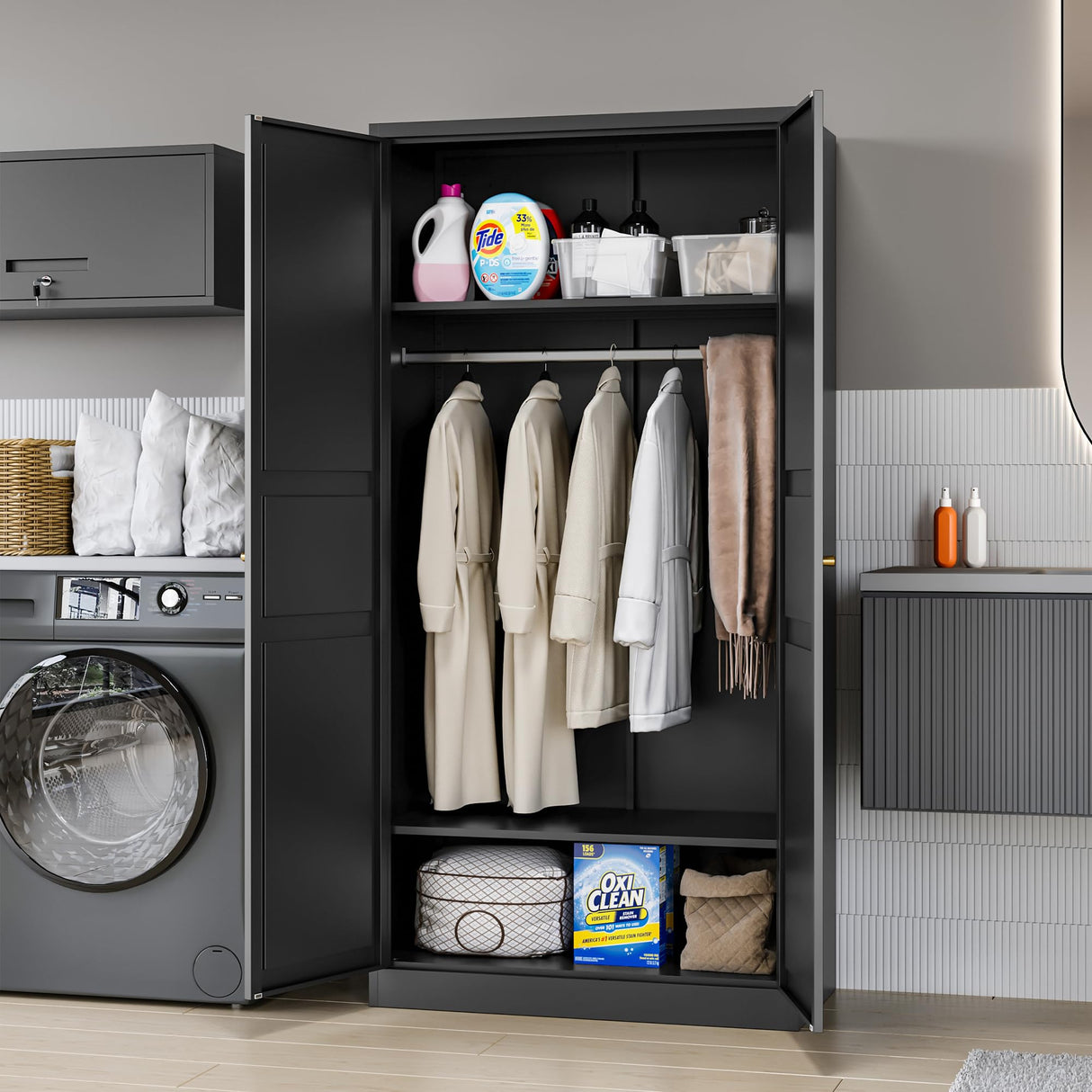 MIIIKO Wardrobe Closet with 2 Doors, 72" Metal Wardrobe Cabinet with Hanging Rod, Bedroom Armoires Laundry Room and Office Clothes Storage Organizer Cabinets Black MIIIKO