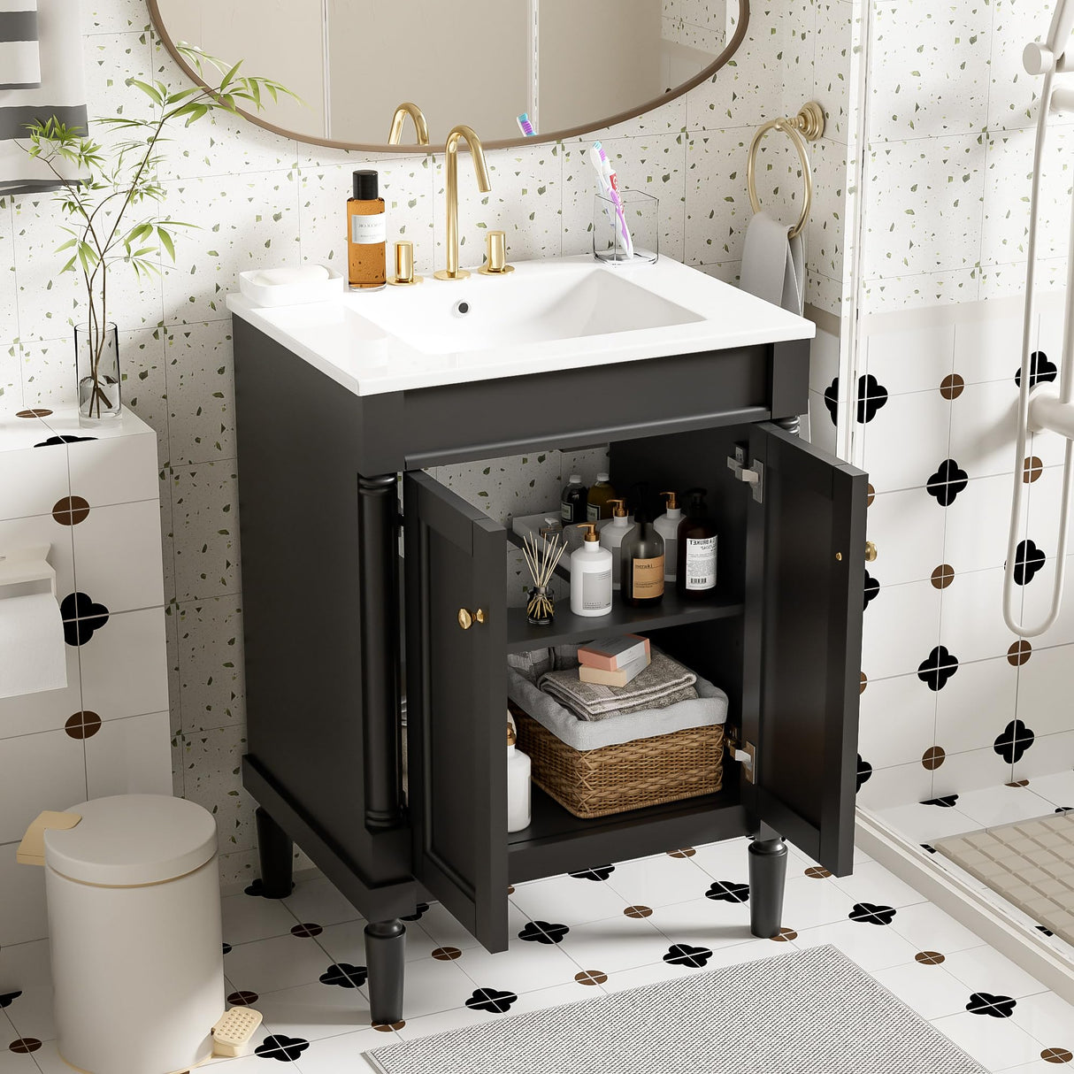 Merax 24” Bathroom Vanity with Sink, Powder Room Small Bathroom Vanity with 2-Door Cabinet, Undermount Sink, Solid Wood Frame Bathroom Storage Cabinet (Black) Merax