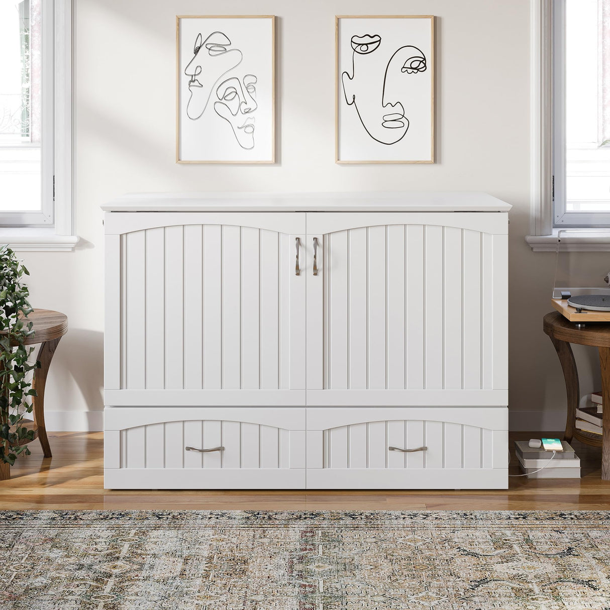 AFI, Southampton Murphy Bed Chest Full with 6" Mattress, Built-in USB Charger & Storage Drawer, White AFI