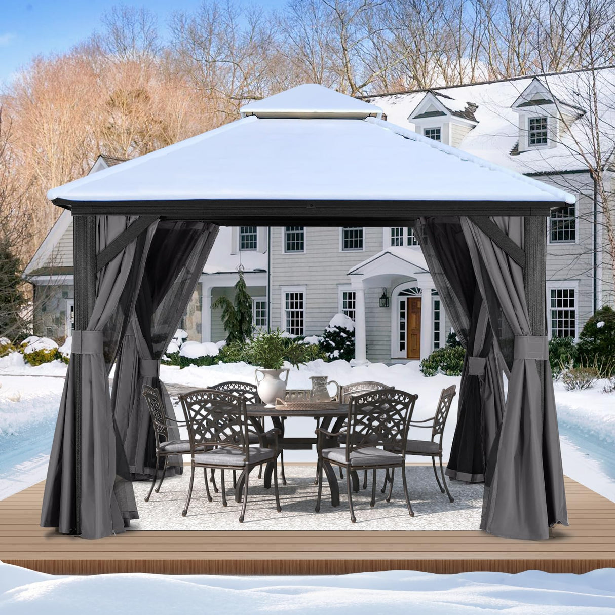 ABCCANOPY Hardtop Gazebo 8x8 - Outdoor Metal Hard Top Gazebo, Permanent Galvanized Steel Aluminum Framed Pavilion with Netting and Curtain for Patio Backyard Lawn Garden (Double Roof, Gray) ABCCANOPY