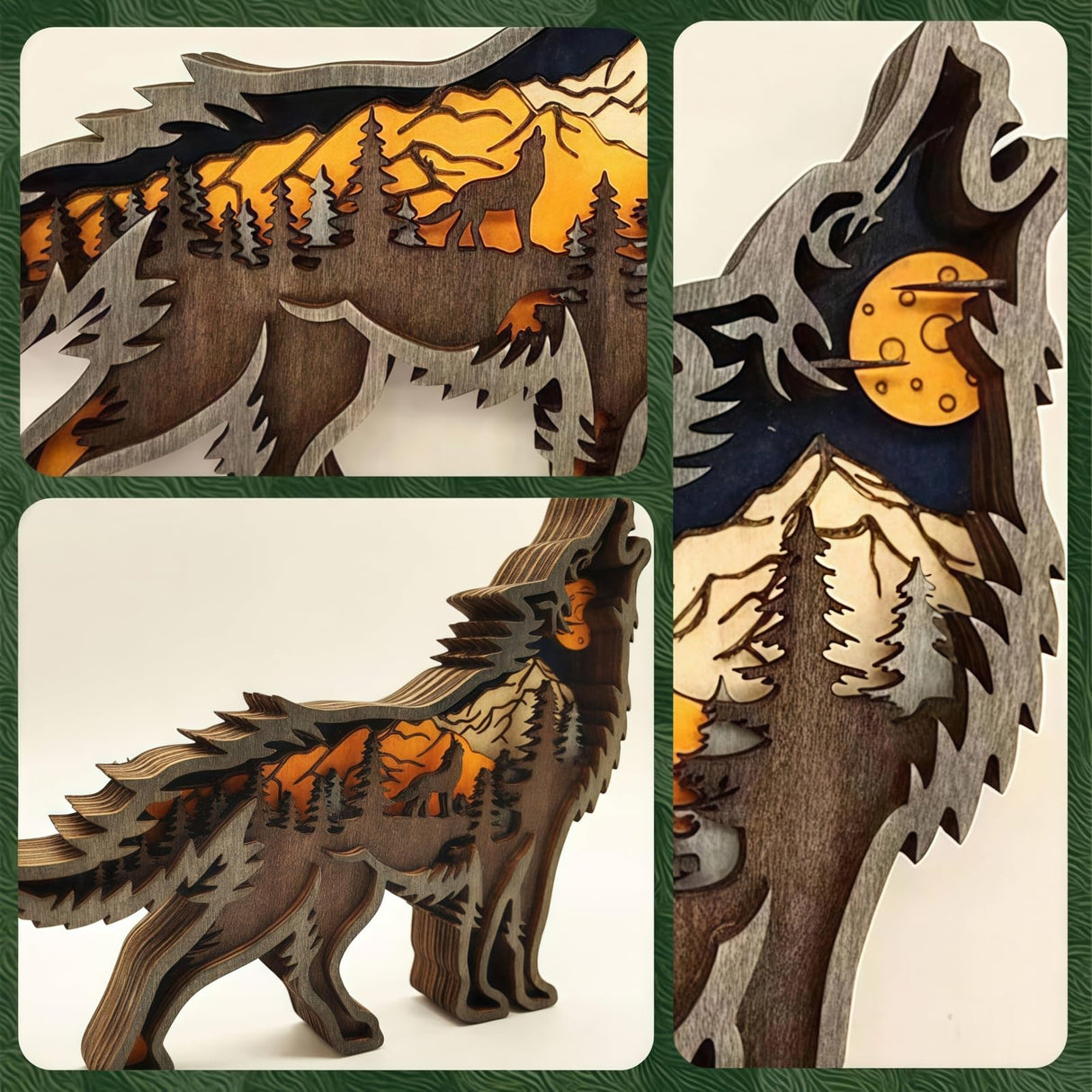 3D Wood Carving Animals Lamp Home Decorative, Cute Bear Family Elephant Presents Ideas Christmas Living Room Office Decor Warm LED Night Lights Gift for Friend Daughter Son Mom Dad (Wolf) Drawelry