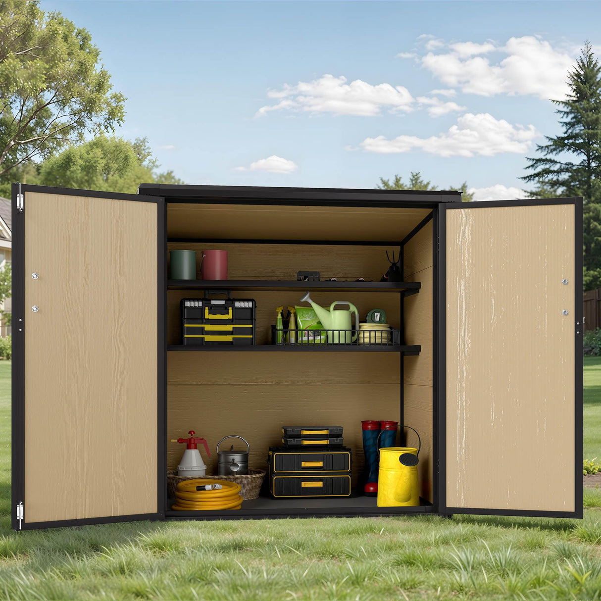 GOOBED Outdoor Storage Shed with 2 Adjustable Shelves, 49 Cu Ft Waterproof Vertical Garden Tool Shed with Lockable Door, Plastic Tall Tool Cabinet for Backyard Garden Patio Lawn, Brown GOOBED